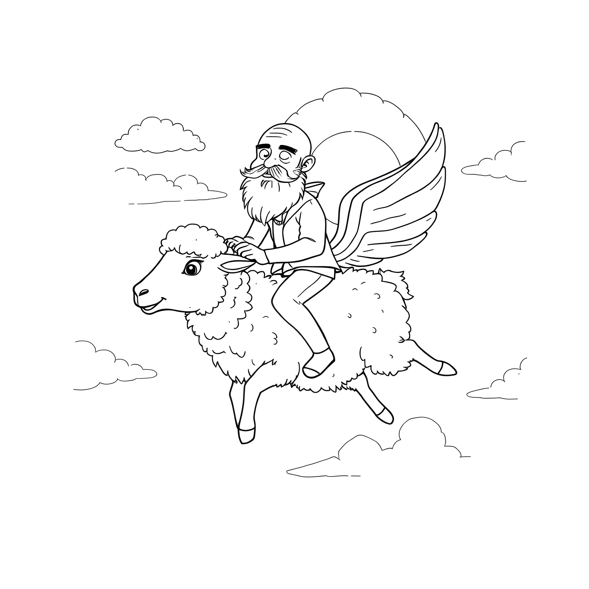 Bald Man riding winged sheep in the sky Coloring Page (free black-and-white line drawing printable PDF for all, from beginners to advanced learners, including children, teens, adults, and seniors)