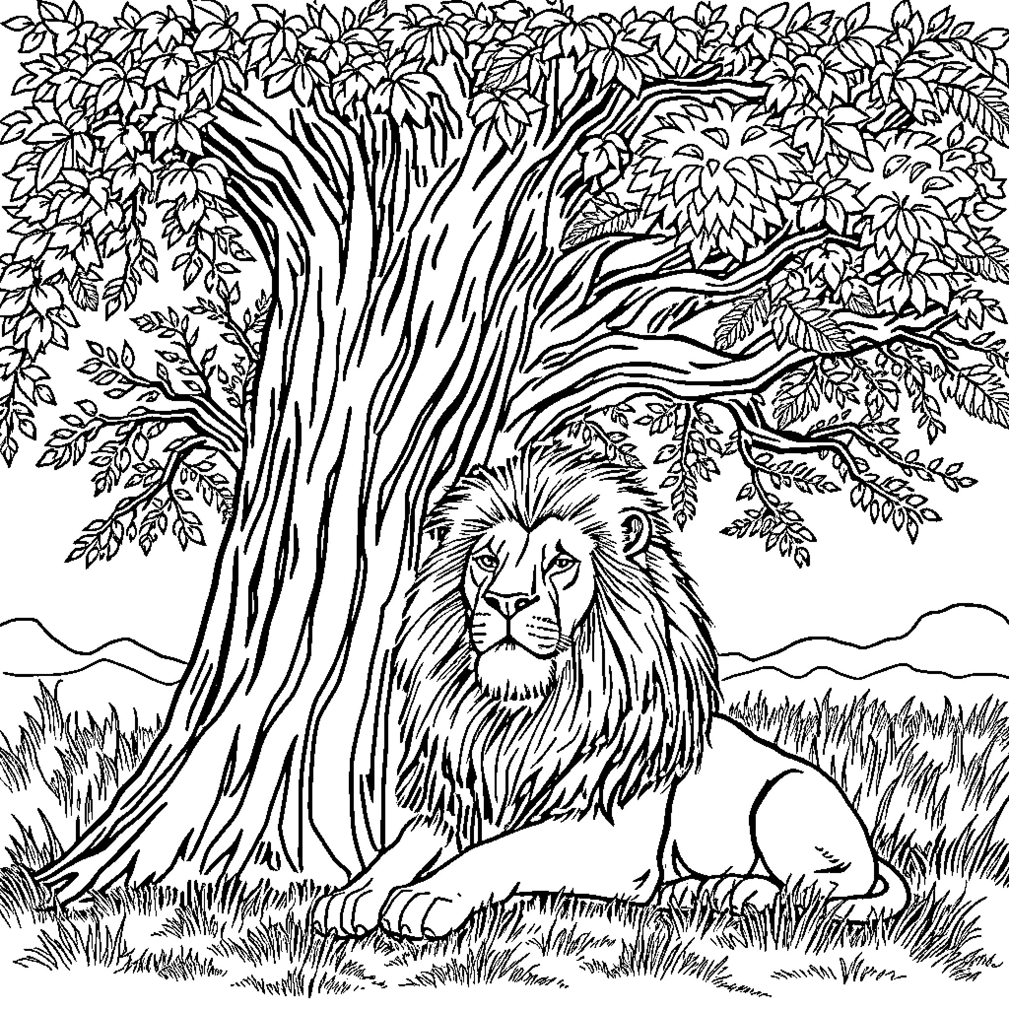 Lion resting under lush foliage and branches Coloring Page (free black-and-white line drawing printable PDF for all, from beginners to advanced learners, including children, teens, adults, and seniors)