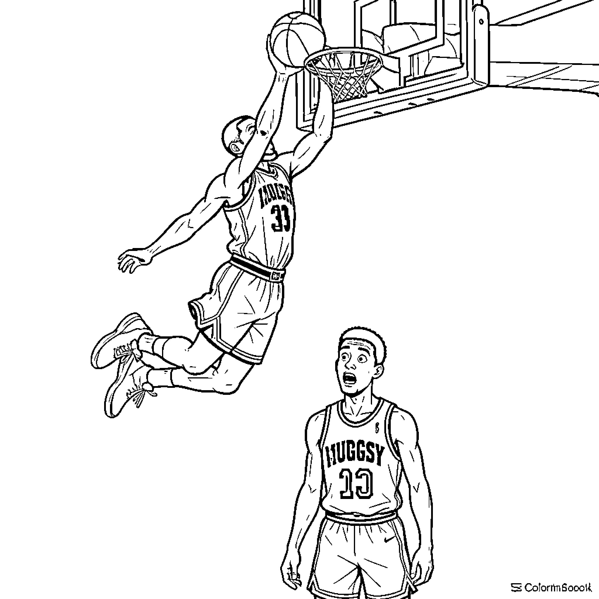 Michael Jordan performing a powerful slam dunk in a game Coloring Page (free black-and-white line drawing printable PDF for all, from beginners to advanced learners, including children, teens, adults, and seniors)
