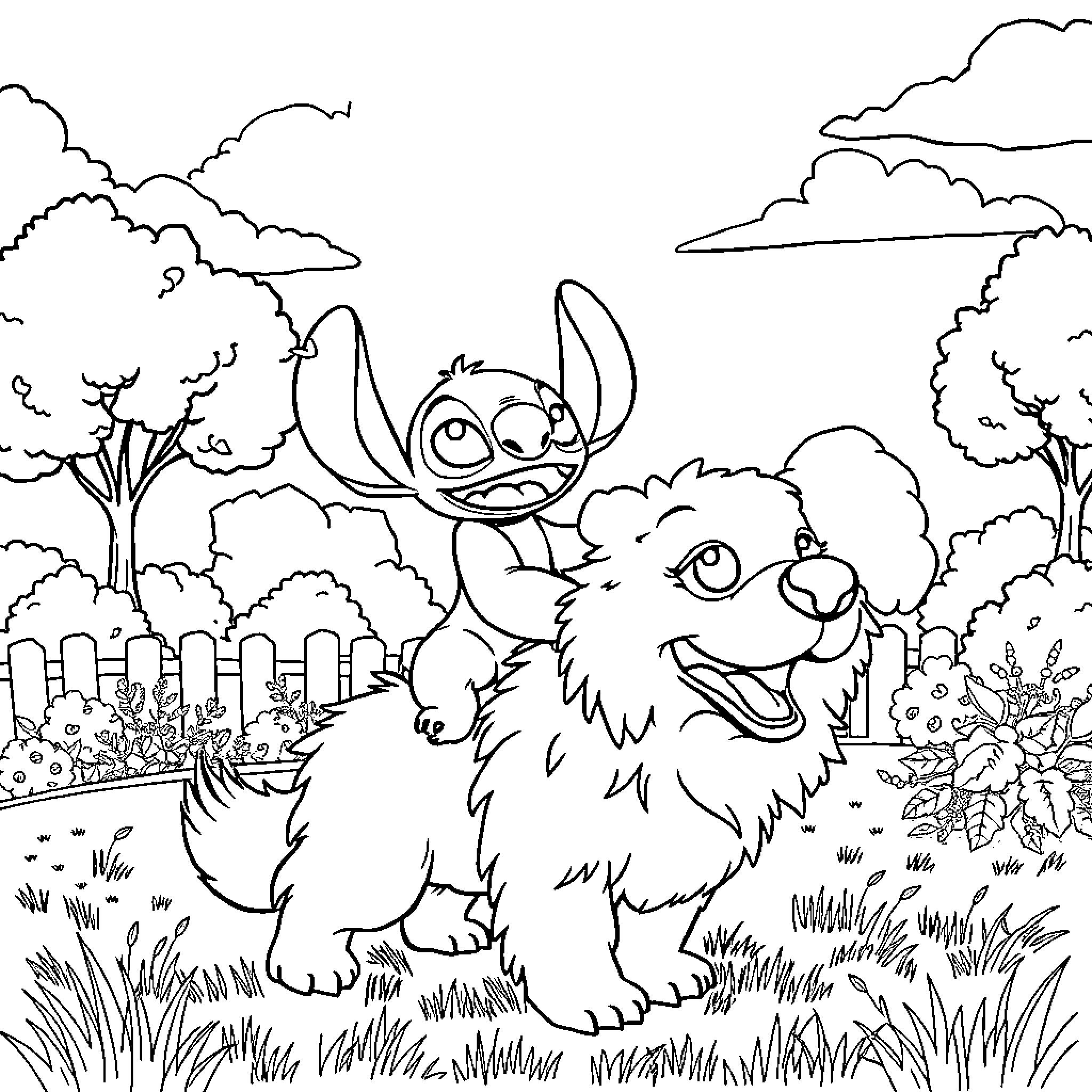 Stitch explores the whimsical garden with a furry friend Coloring Page (free black-and-white line drawing printable PDF for all, from beginners to advanced learners, including children, teens, adults, and seniors)