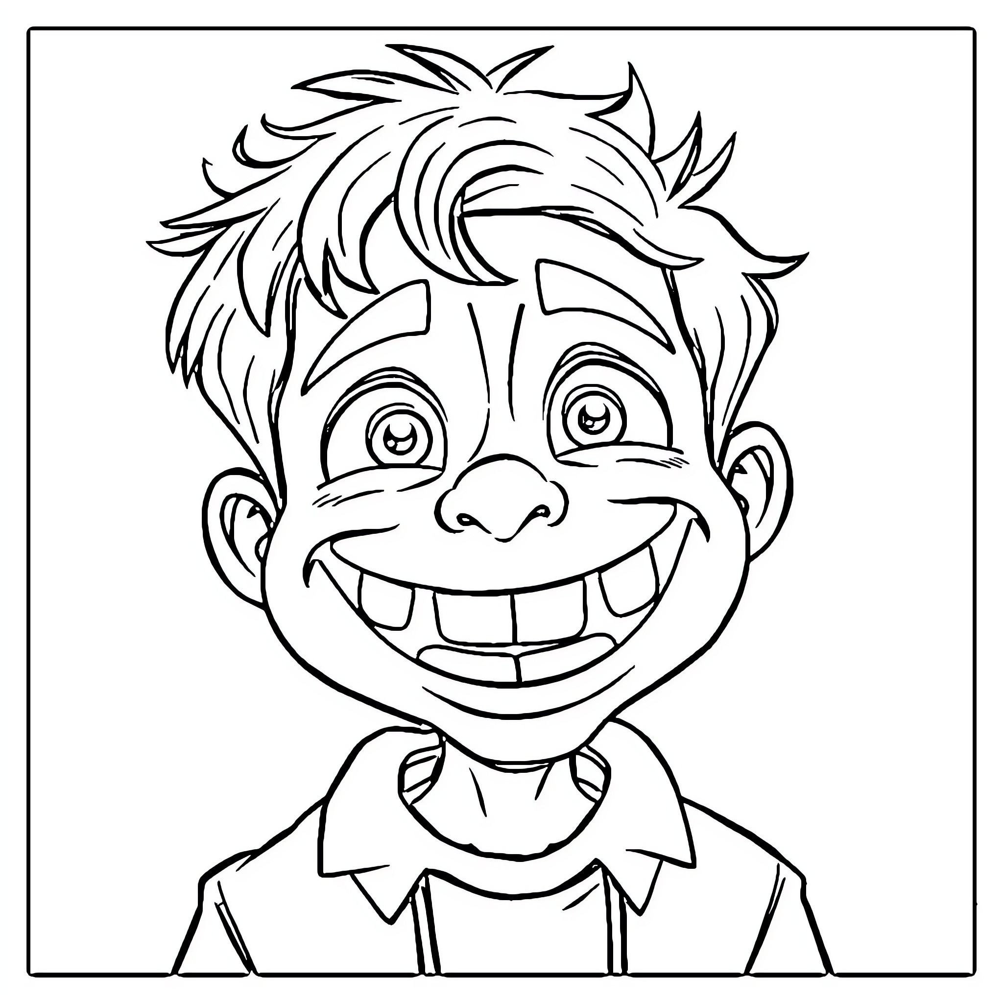Meme Kid with a wide, toothy grin Coloring Page (free black-and-white line drawing printable PDF for all, from beginners to advanced learners, including children, teens, adults, and seniors)