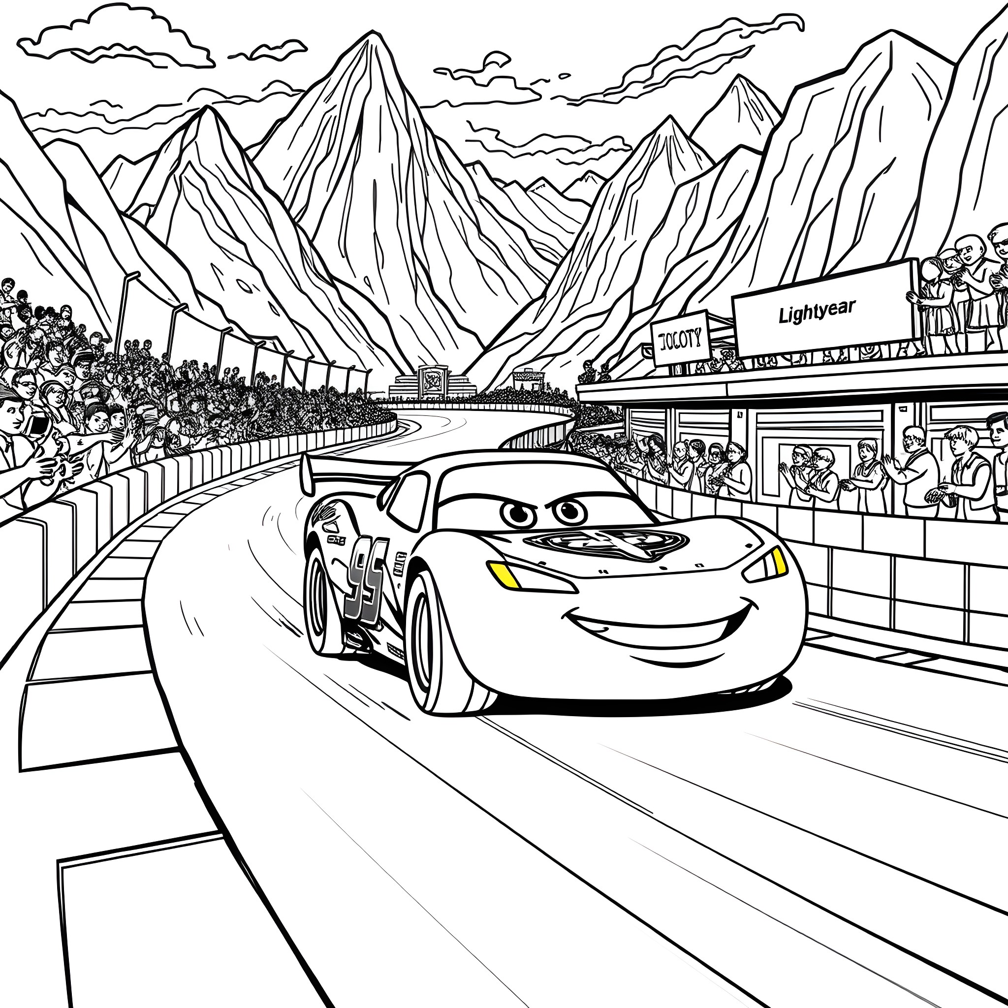 Lightning McQueen racing on a mountain track Coloring Page (free black-and-white line drawing printable PDF for all, from beginners to advanced learners, including children, teens, adults, and seniors)