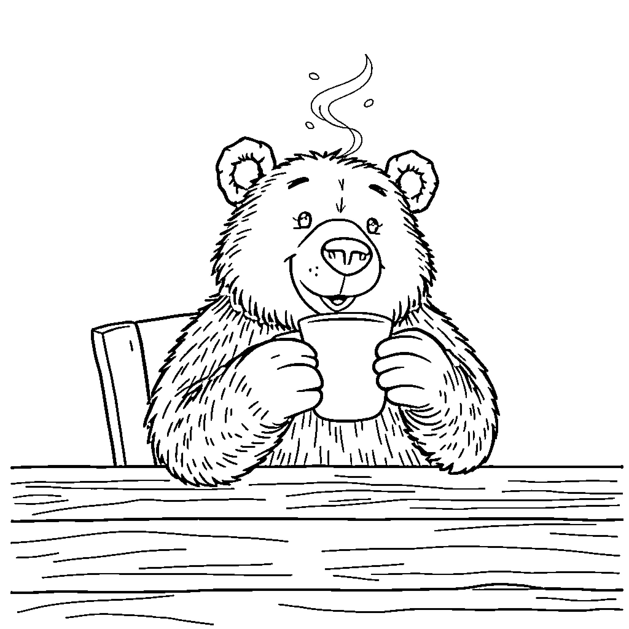 Bear enjoying a hot drink Coloring Page (free black-and-white line drawing printable PDF for all, from beginners to advanced learners, including children, teens, adults, and seniors)