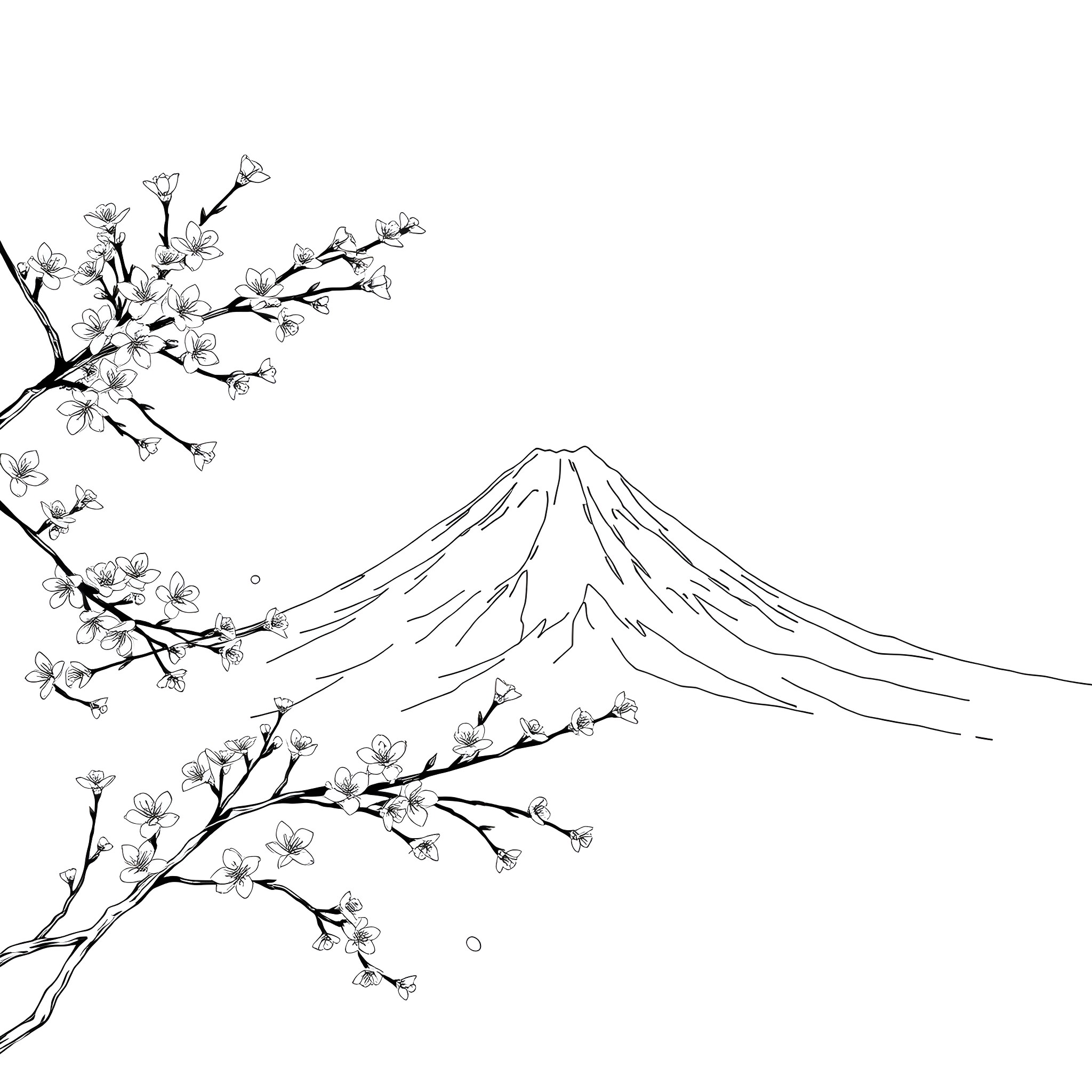 Mount Fuji with blooming cherry blossoms Coloring Page (free black-and-white line drawing printable PDF for all, from beginners to advanced learners, including children, teens, adults, and seniors)