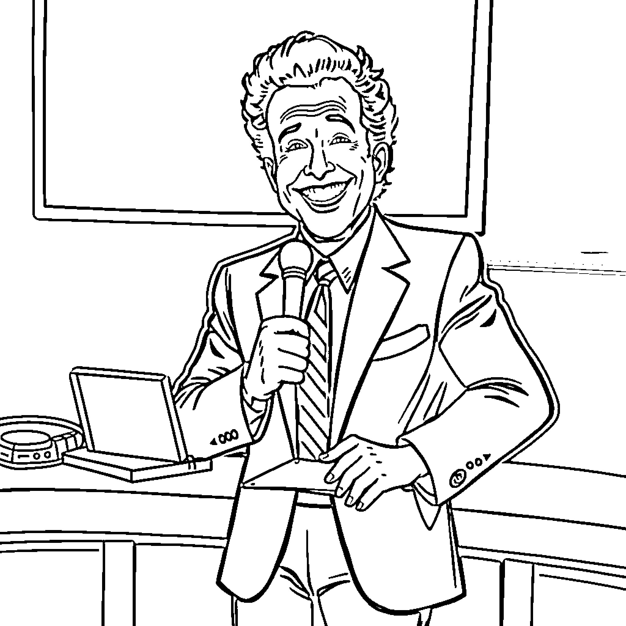 Pauly Shore smiling and gesturing excitedly on stage Coloring Page (free black-and-white line drawing printable PDF for all, from beginners to advanced learners, including children, teens, adults, and seniors)
