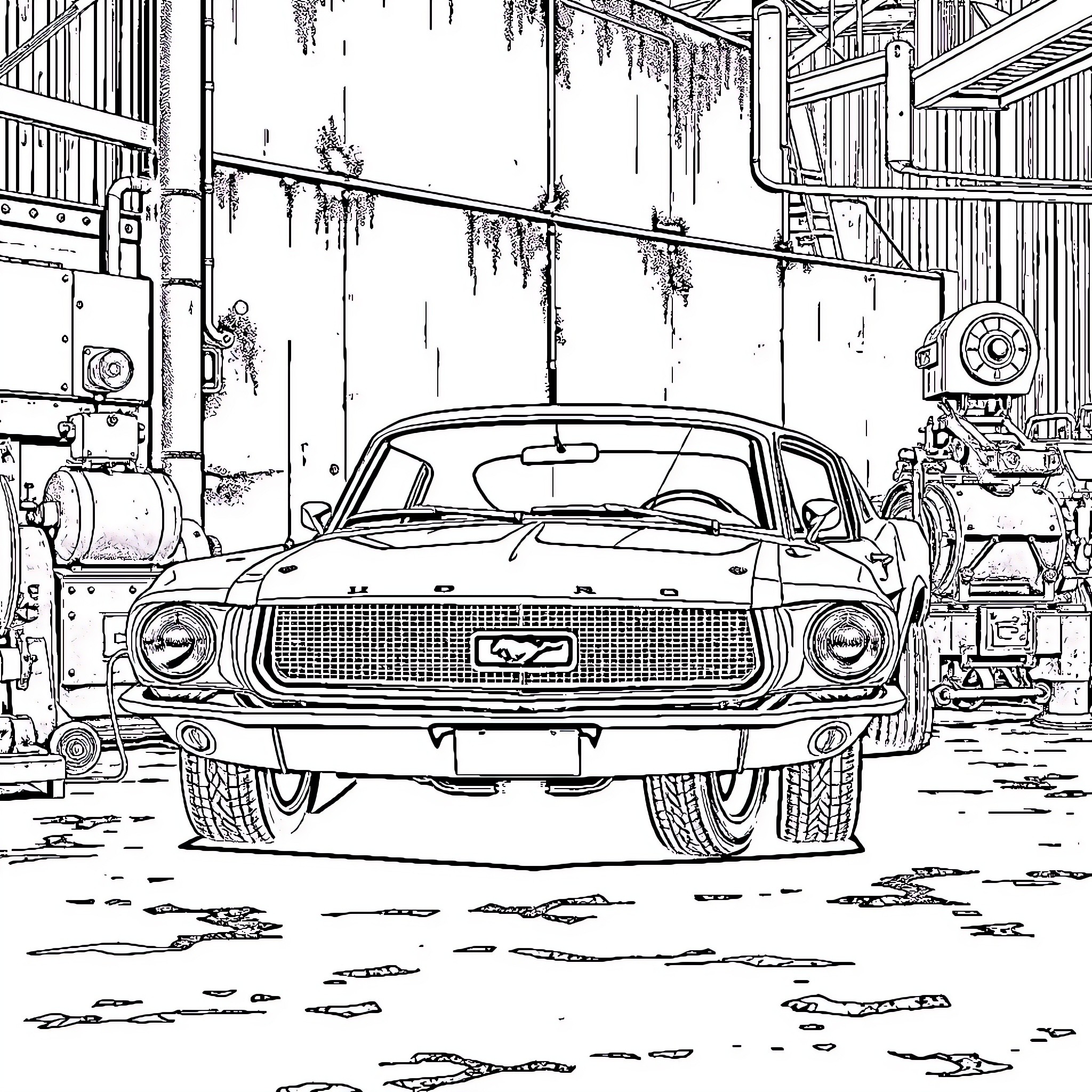 Ford Mustang classic car in vintage garage setting Coloring Page (free black-and-white line drawing printable PDF for all, from beginners to advanced learners, including children, teens, adults, and seniors)