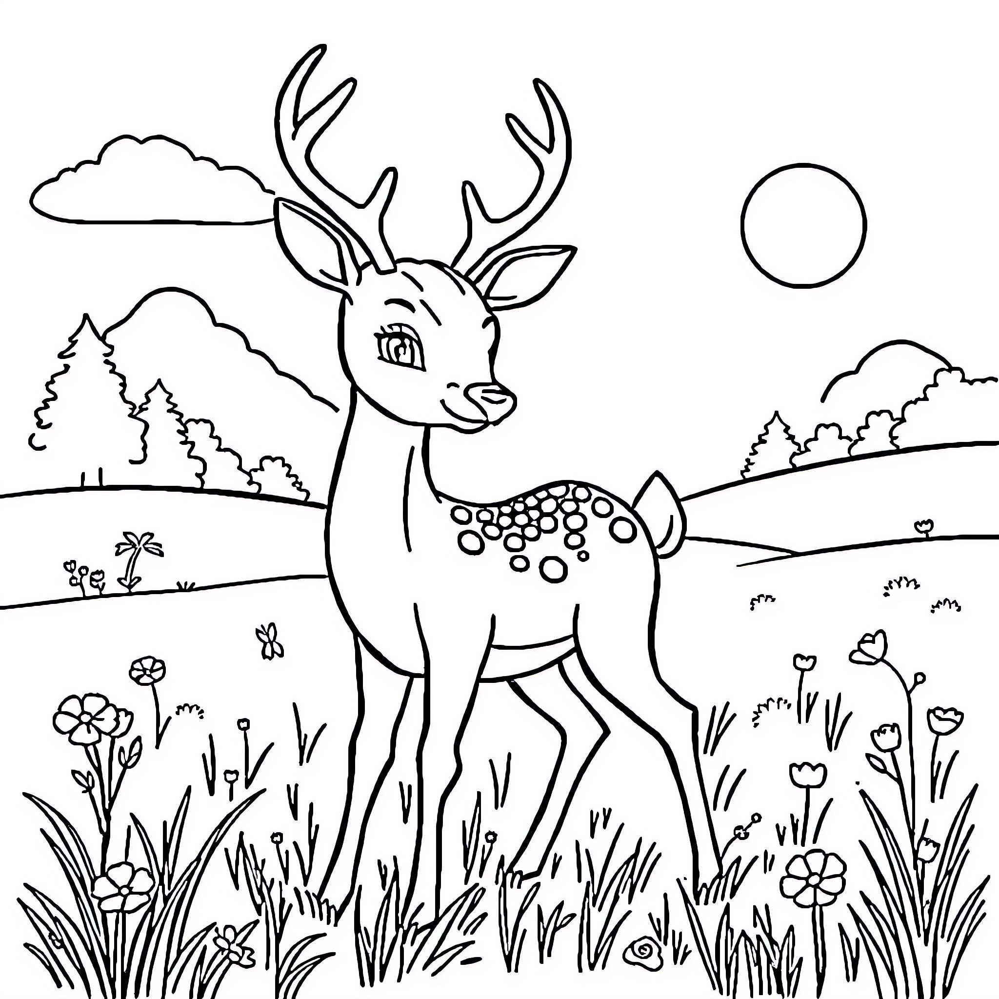 Deer standing in a peaceful landscape Coloring Page (free black-and-white line drawing printable PDF for all, from beginners to advanced learners, including children, teens, adults, and seniors)