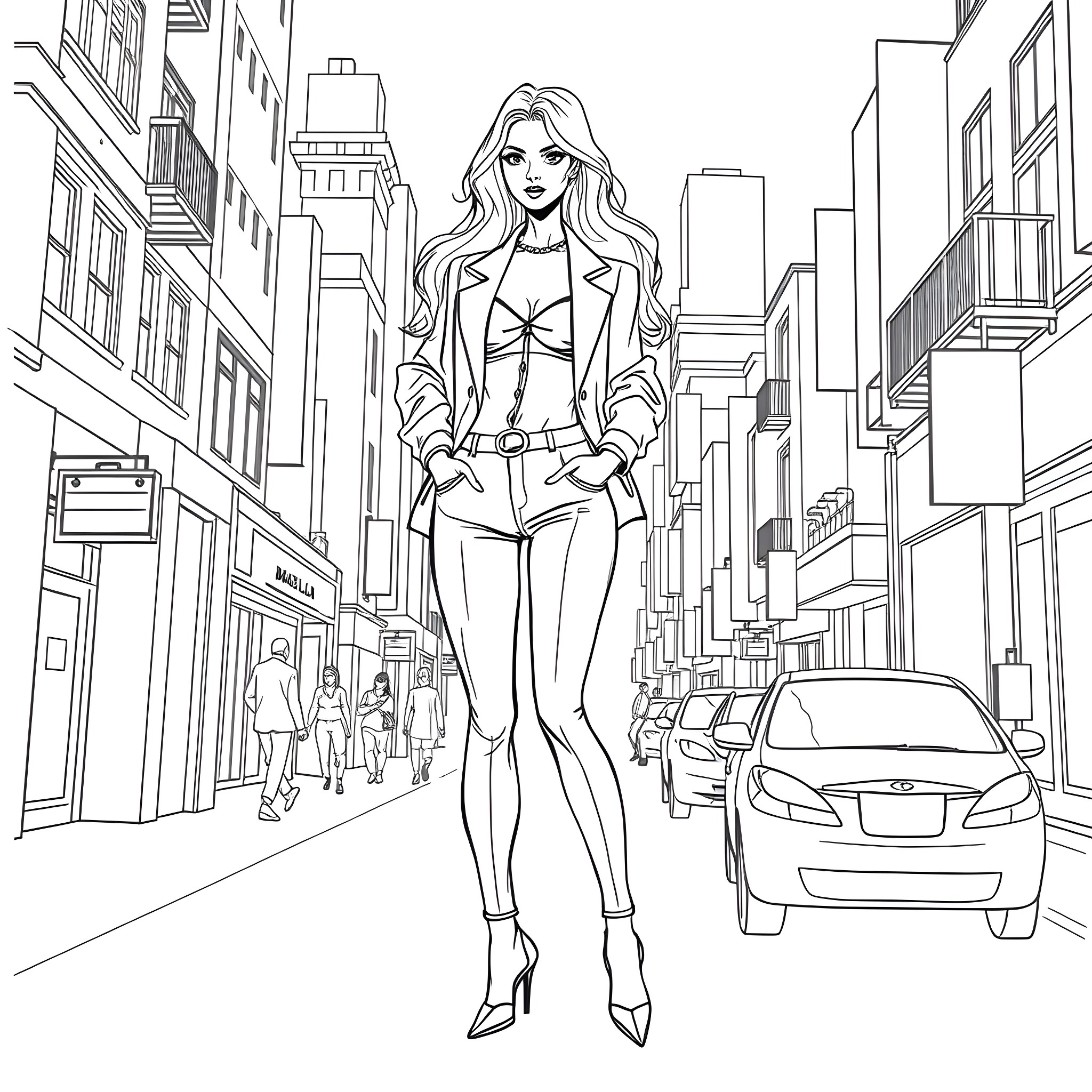 Breast Confident Woman Walking in the City Coloring Page (free black-and-white line drawing printable PDF for all, from beginners to advanced learners, including children, teens, adults, and seniors)