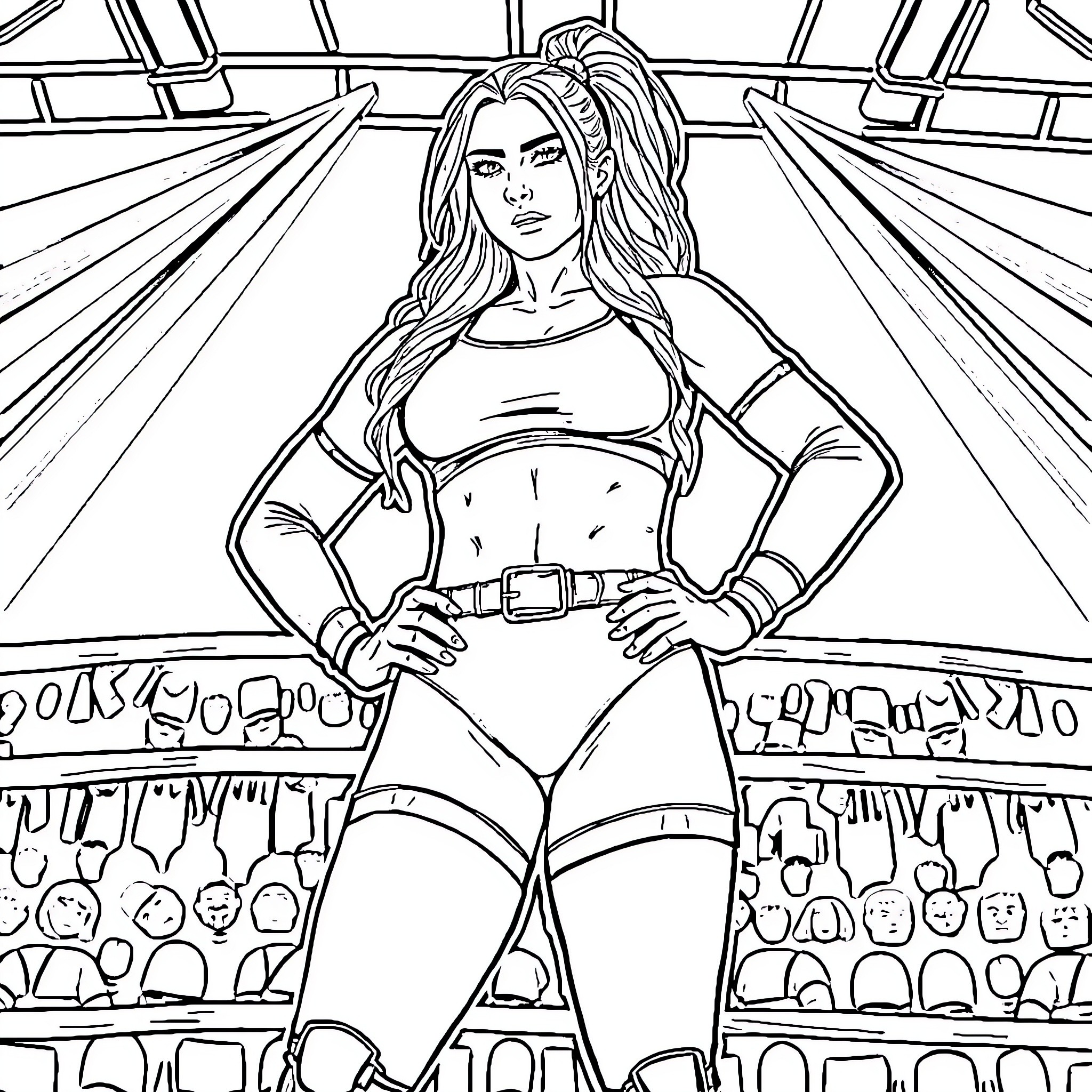 Rhea Ripley Posing Confidently in the Ring Coloring Page (free black-and-white line drawing printable PDF for all, from beginners to advanced learners, including children, teens, adults, and seniors)