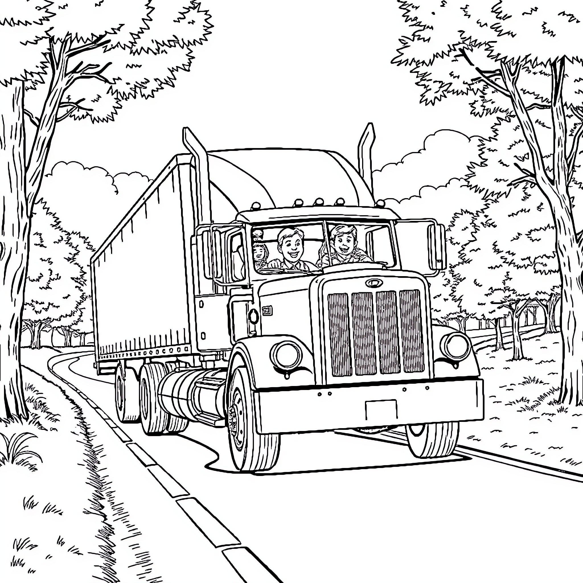 Harry's Exciting Truck Adventure in the Countryside Coloring Page (free black-and-white line drawing printable PDF for all, from beginners to advanced learners, including children, teens, adults, and seniors)