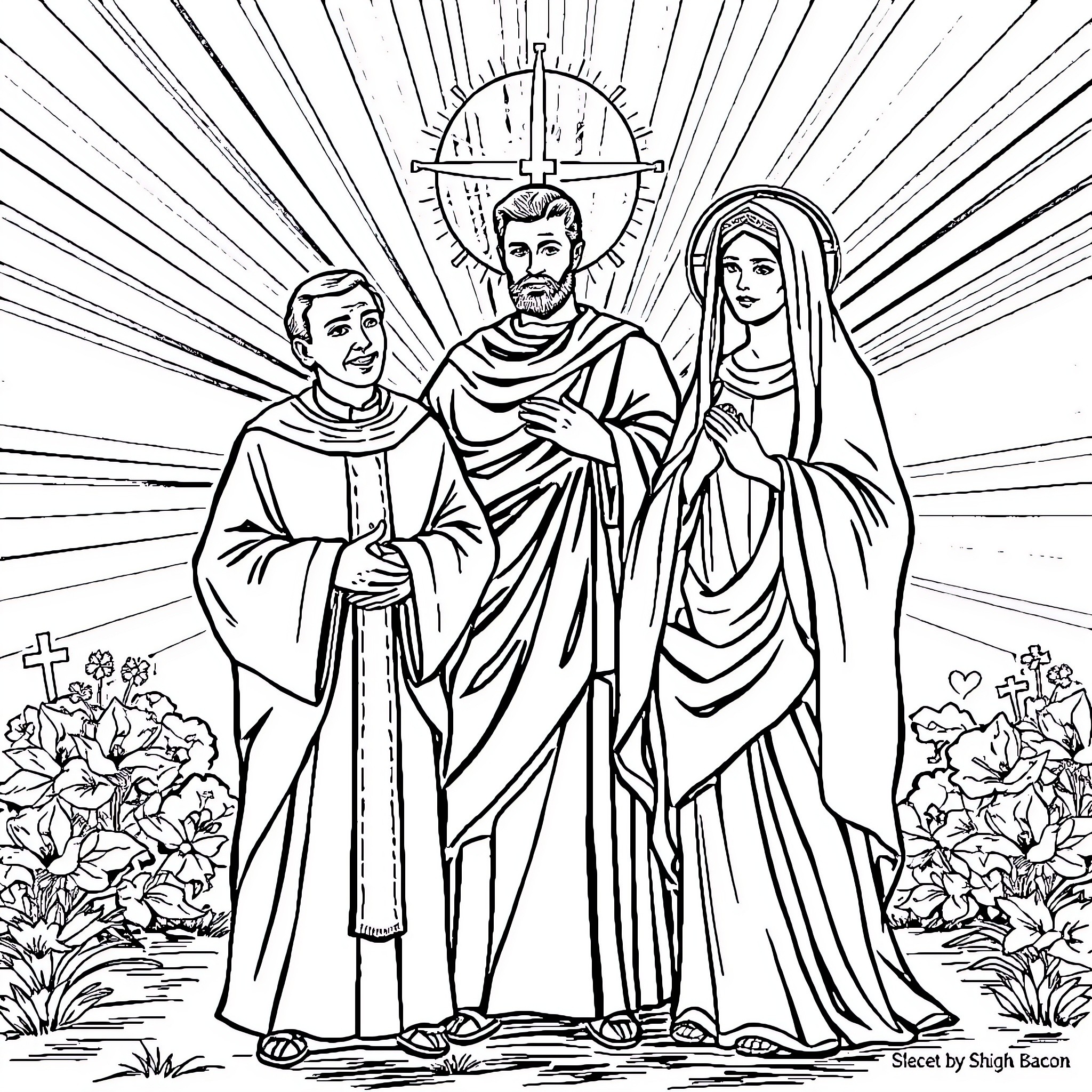 St. Dominic Savio: Pious Figures in Reverent Attire Coloring Page (free black-and-white line drawing printable PDF for all, from beginners to advanced learners, including children, teens, adults, and seniors)