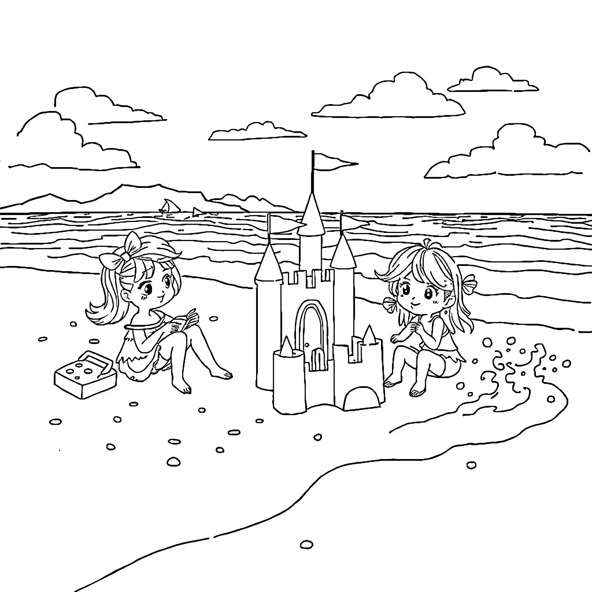 Gabby's Dollhouse: Girls Playing by the Beach with Sandcastle Coloring Page (free black-and-white line drawing printable PDF for all, from beginners to advanced learners, including children, teens, adults, and seniors)