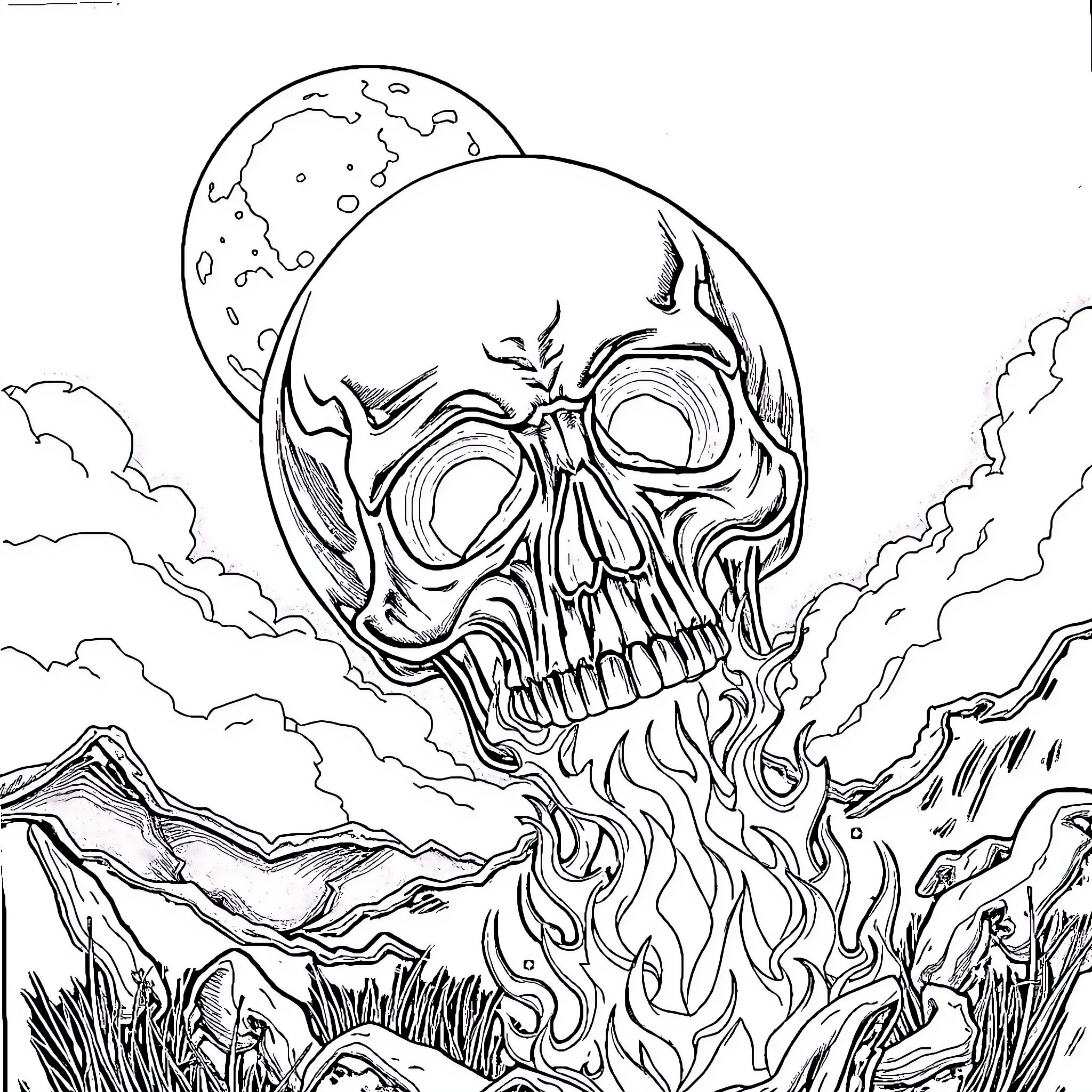 Skull engulfed in fiery landscape Coloring Page (free black-and-white line drawing printable PDF for all, from beginners to advanced learners, including children, teens, adults, and seniors)