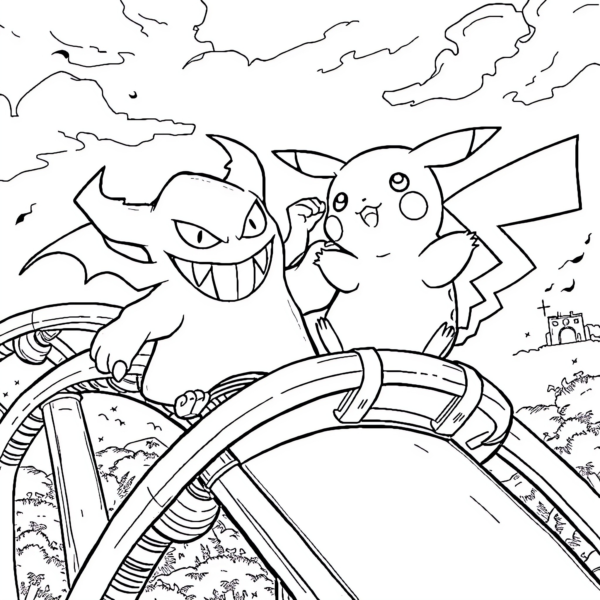Pikachu and Gengar playing on a roller coaster Coloring Page (free black-and-white line drawing printable PDF for all, from beginners to advanced learners, including children, teens, adults, and seniors)