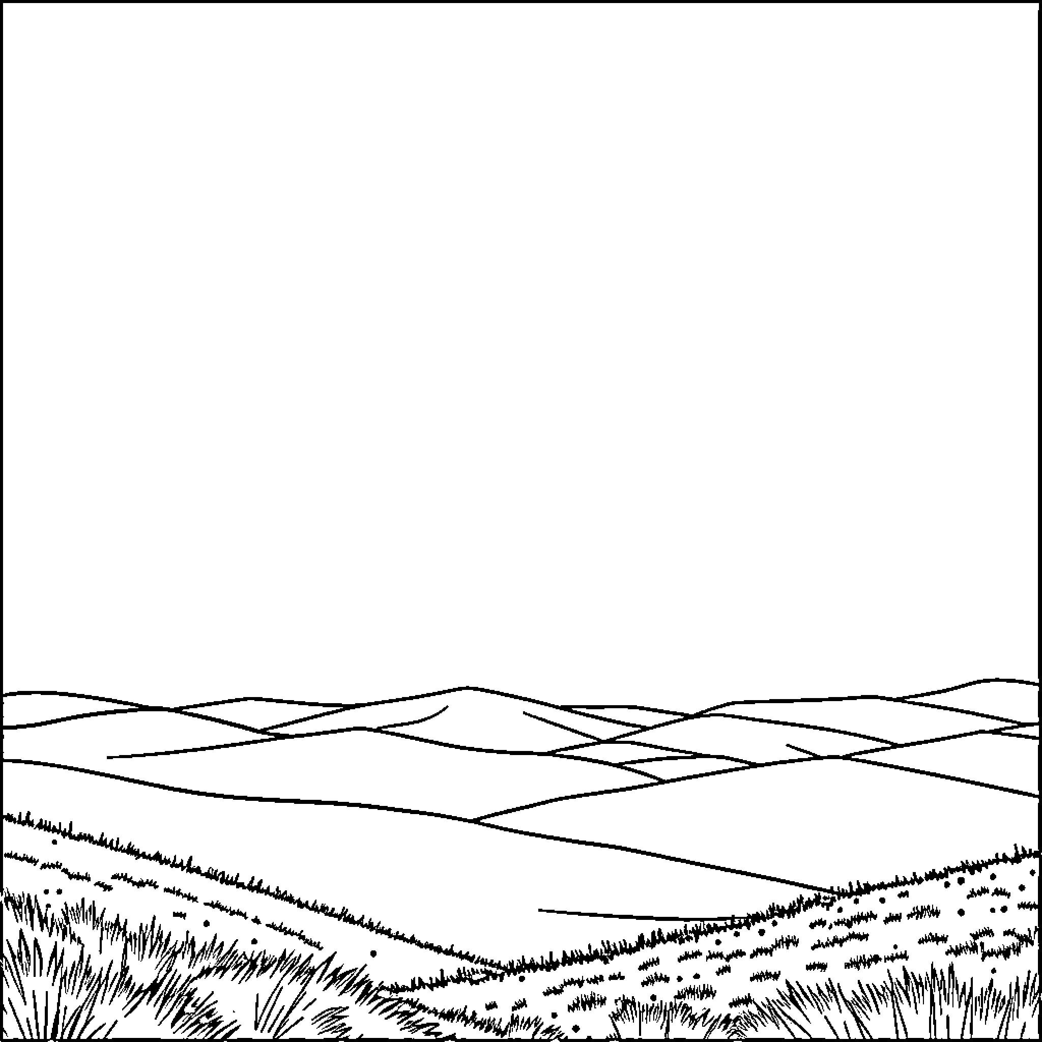 Landscape of rolling hills and fields Coloring Page (free black-and-white line drawing printable PDF for all, from beginners to advanced learners, including children, teens, adults, and seniors)