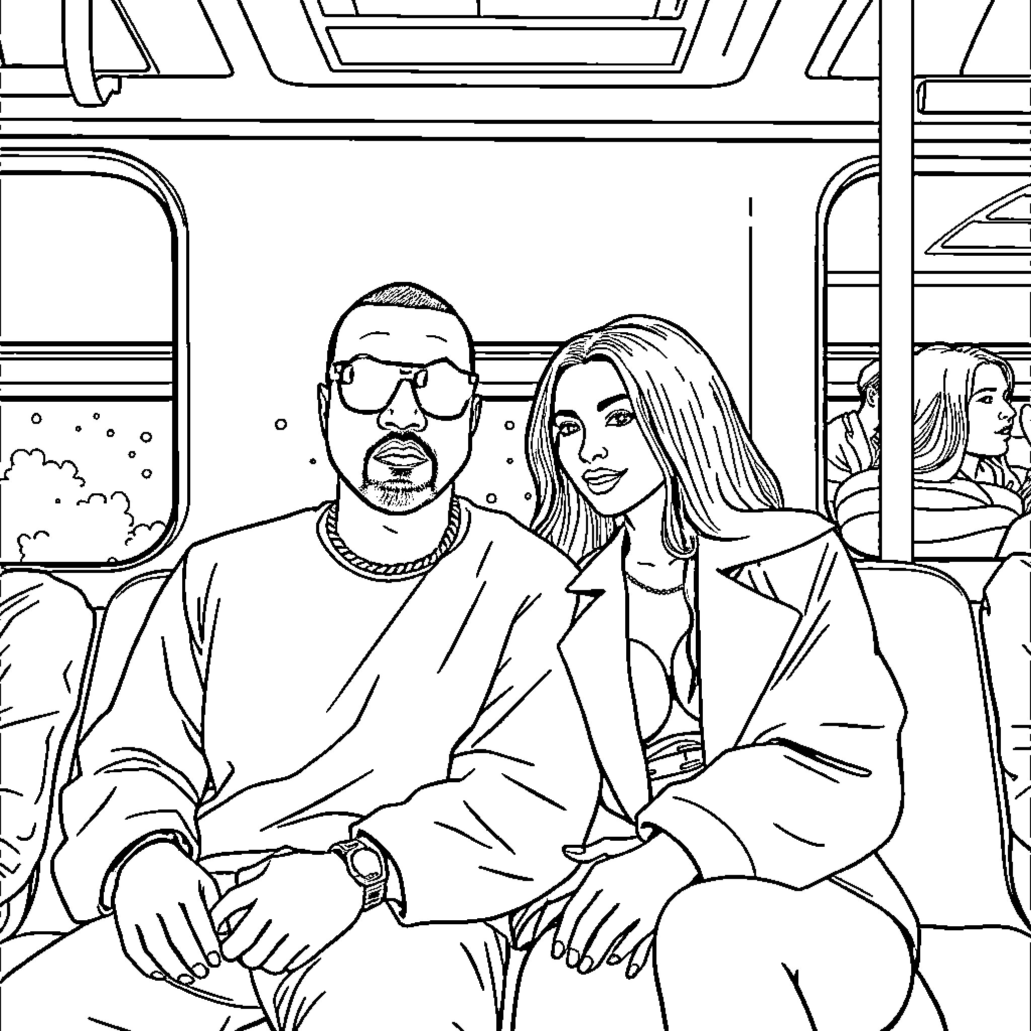 Kanye and Kim on a Subway Ride Coloring Page (free black-and-white line drawing printable PDF for all, from beginners to advanced learners, including children, teens, adults, and seniors)