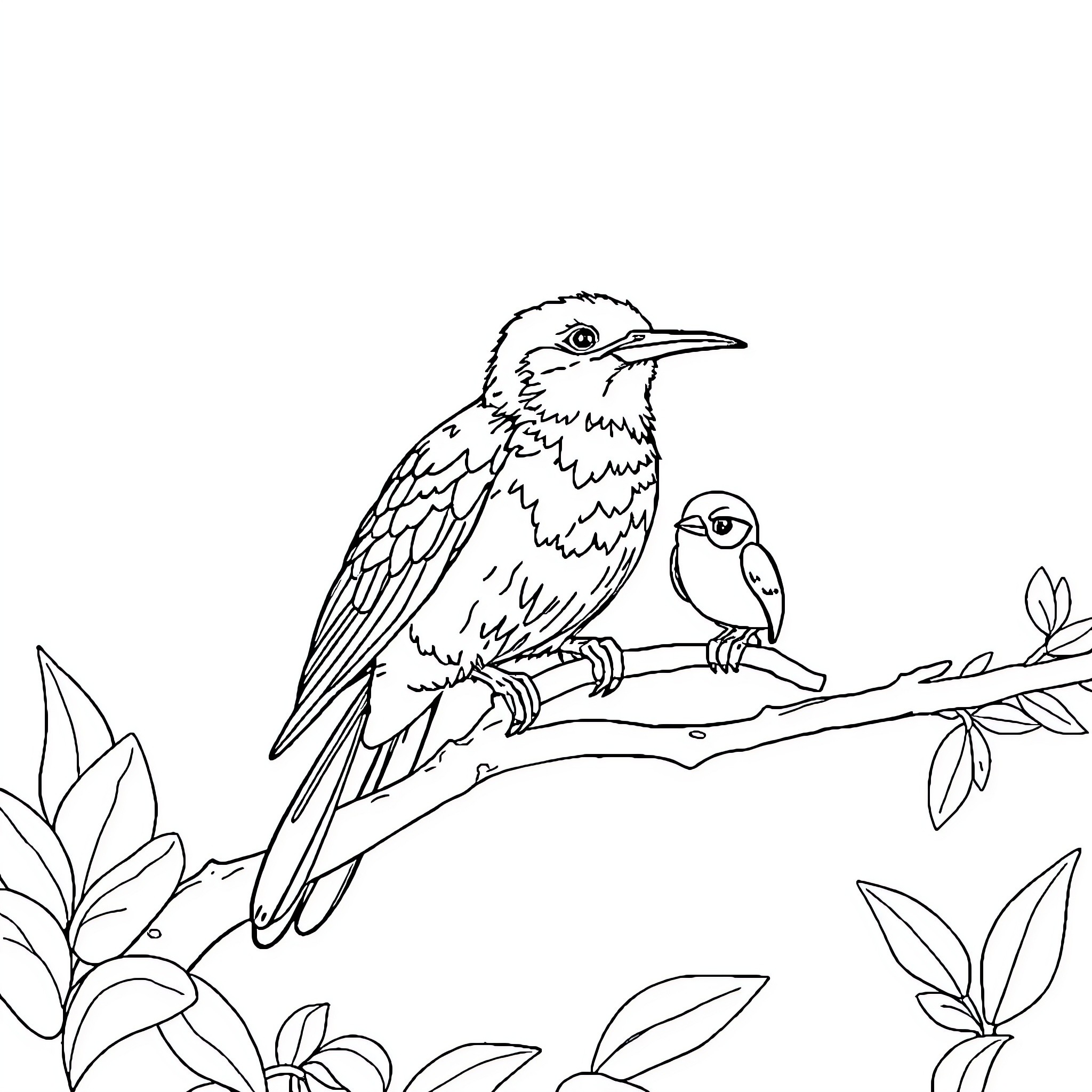 Animal Birds Perched on Branch with Foliage Coloring Page (free black-and-white line drawing printable PDF for all, from beginners to advanced learners, including children, teens, adults, and seniors)
