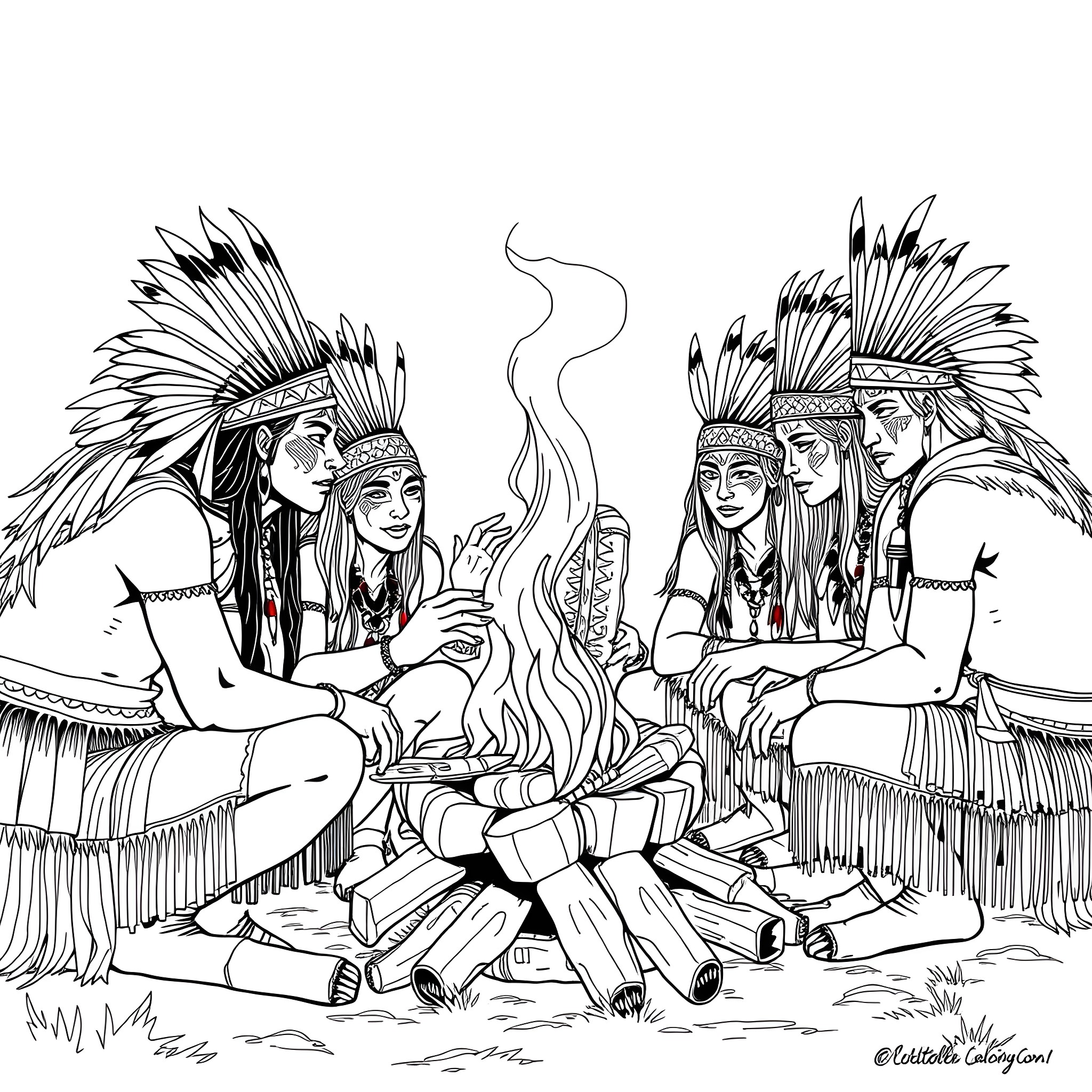 Cherokee Warriors Gathering Around the Campfire Coloring Page (free black-and-white line drawing printable PDF for all, from beginners to advanced learners, including children, teens, adults, and seniors)