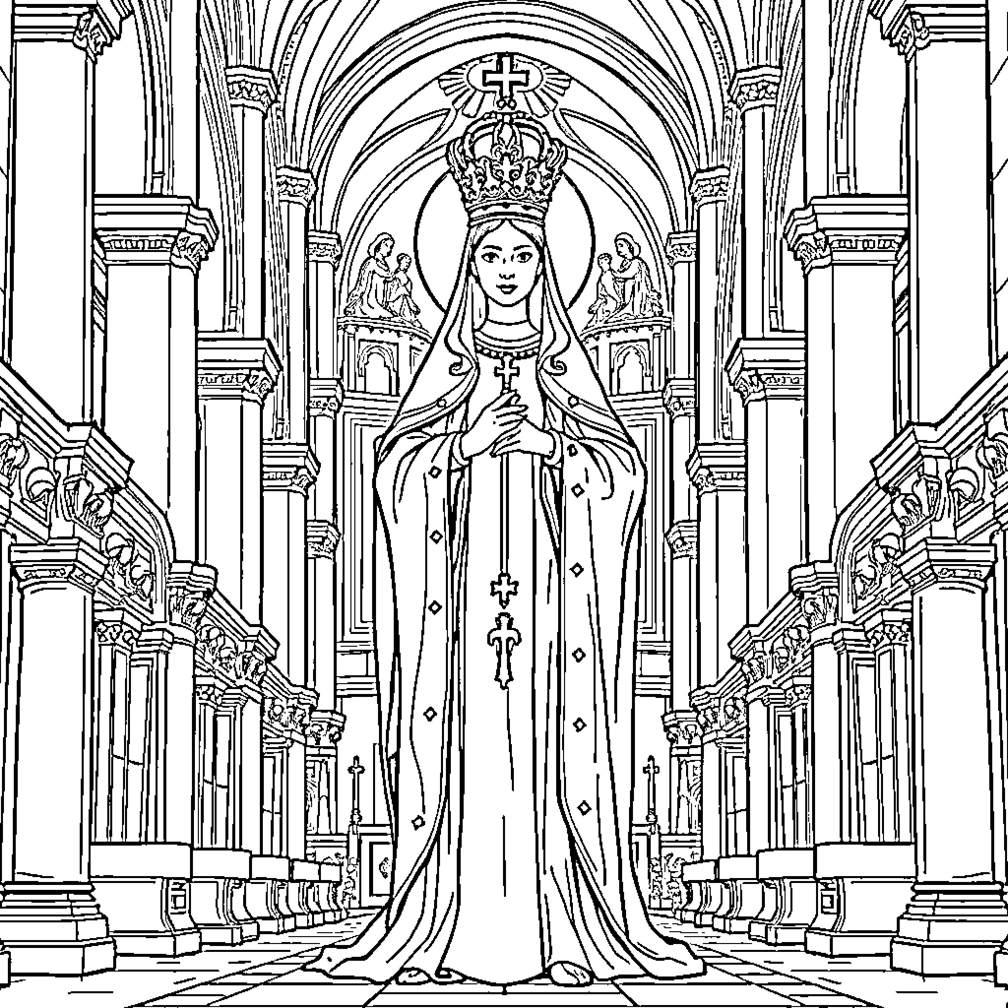 Saint Clotilde Seated in Regal Splendor Coloring Page (free black-and-white line drawing printable PDF for all, from beginners to advanced learners, including children, teens, adults, and seniors)