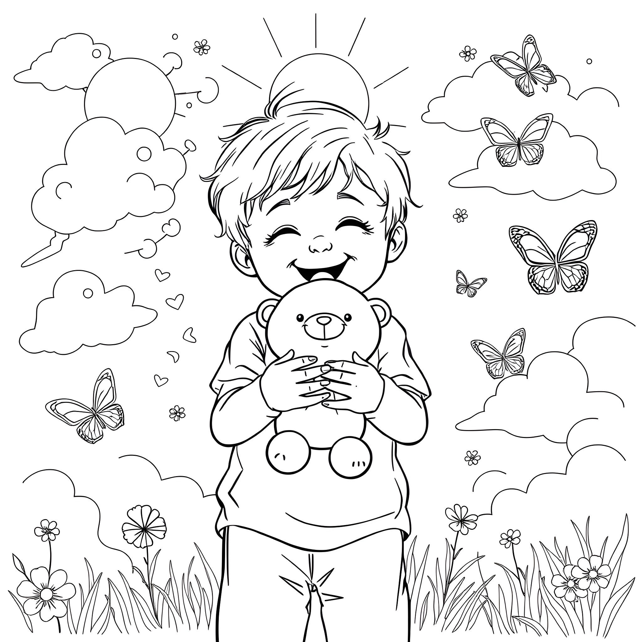 Kid playing happily with plush toy in the meadow Coloring Page (free black-and-white line drawing printable PDF for all, from beginners to advanced learners, including children, teens, adults, and seniors)