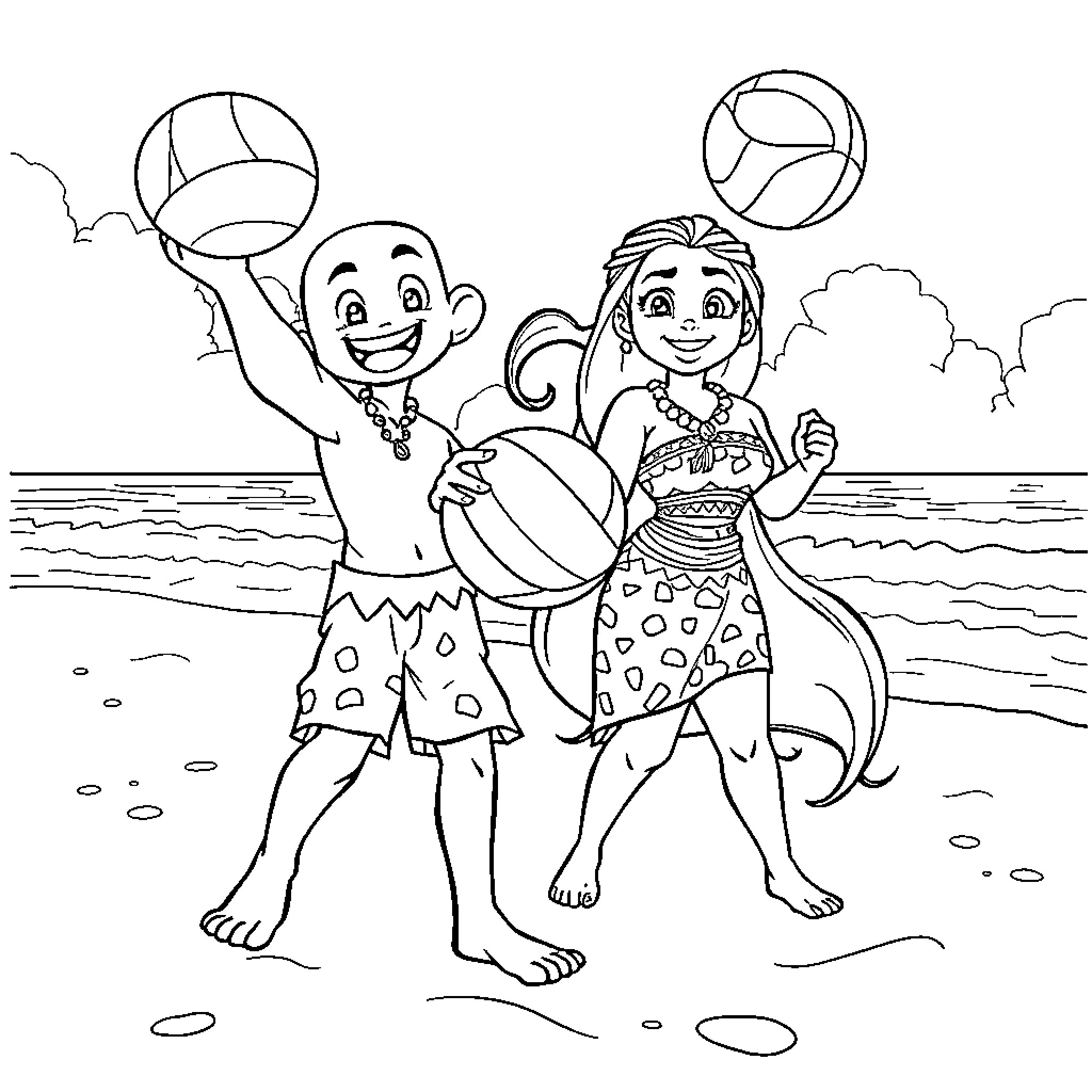 Spawn of carefree beach fun with playful duo Coloring Page (free black-and-white line drawing printable PDF for all, from beginners to advanced learners, including children, teens, adults, and seniors)