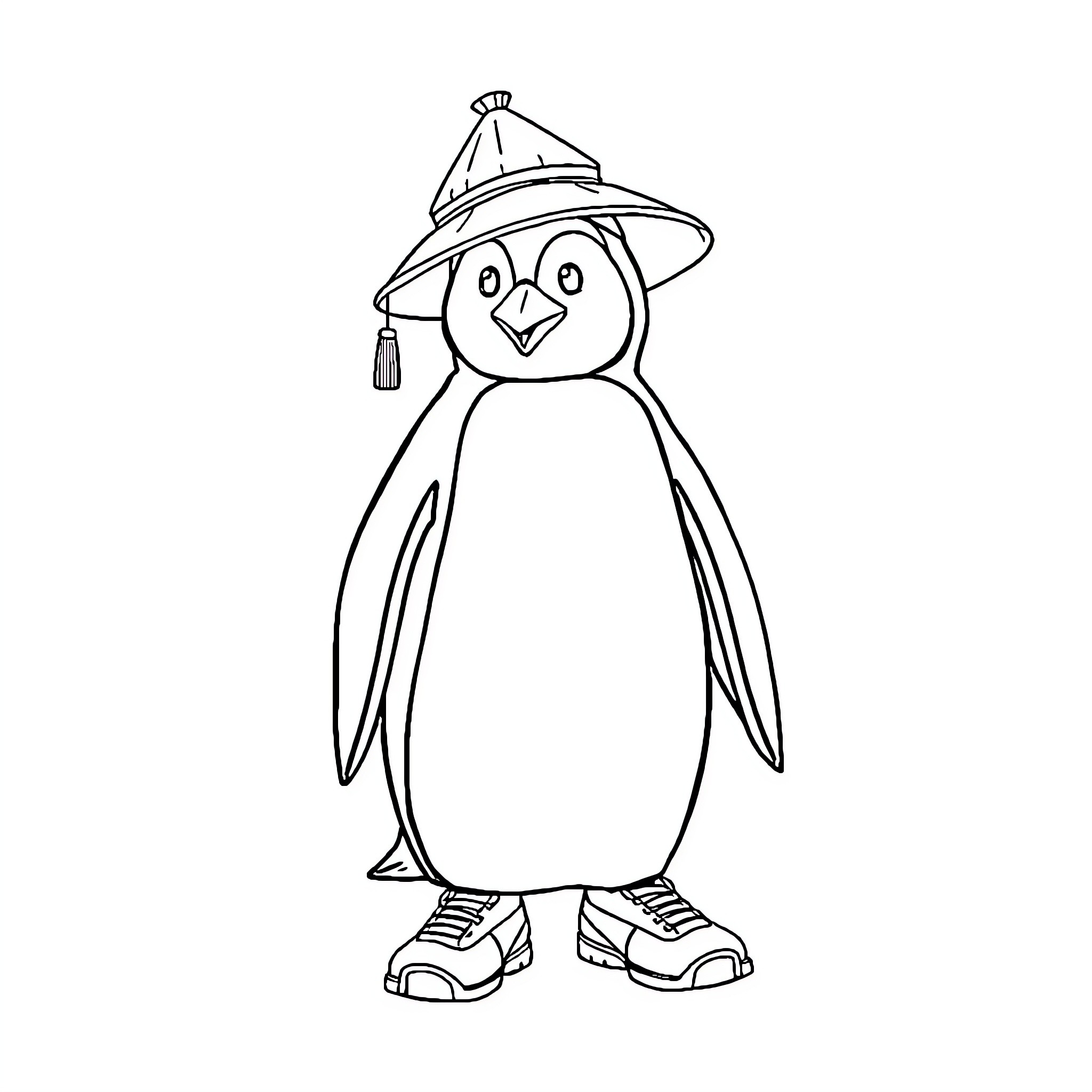 Penguin wearing a hat and boots Coloring Page (free black-and-white line drawing printable PDF for all, from beginners to advanced learners, including children, teens, adults, and seniors)