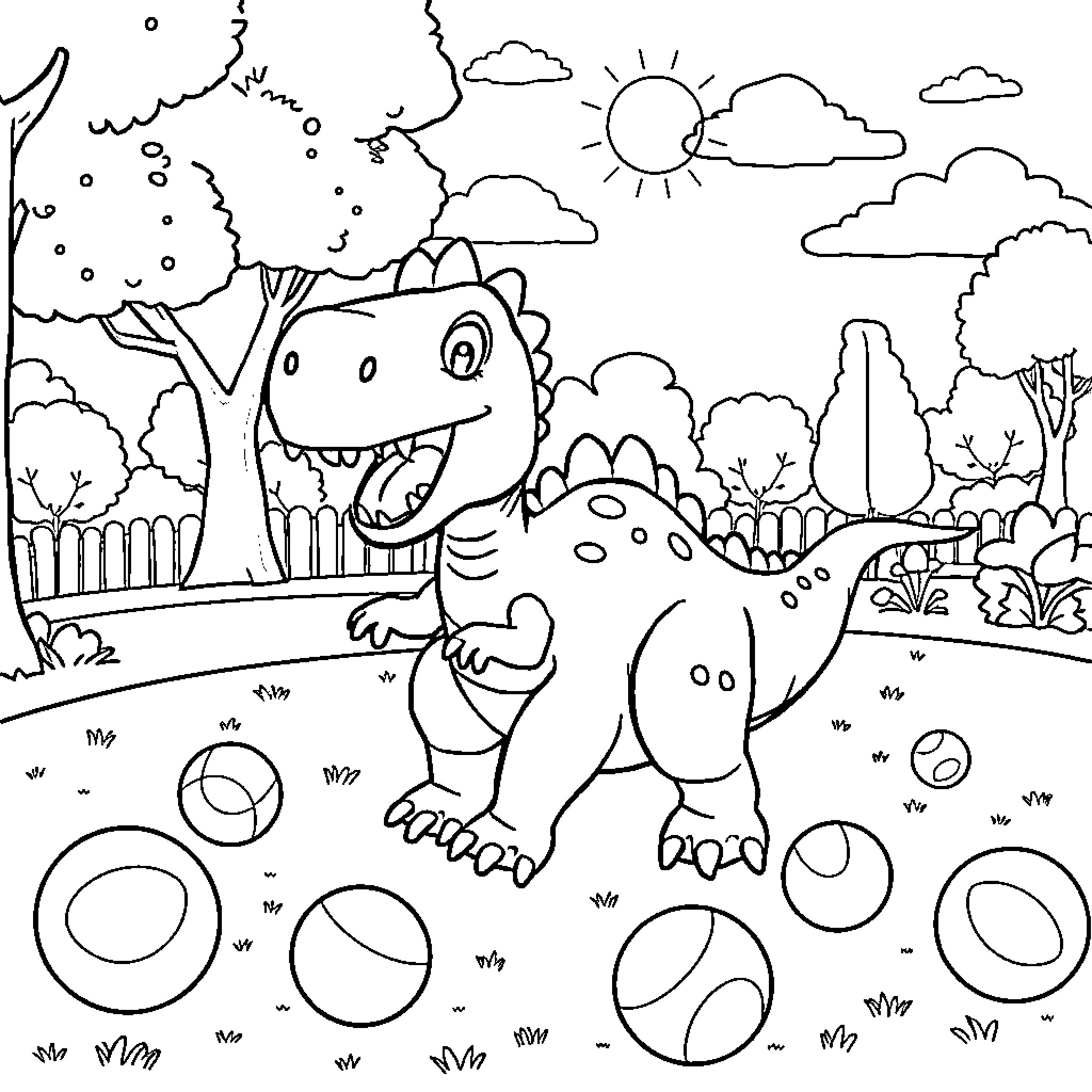 Dinosaur playing happily in a lively park Coloring Page (free black-and-white line drawing printable PDF for all, from beginners to advanced learners, including children, teens, adults, and seniors)