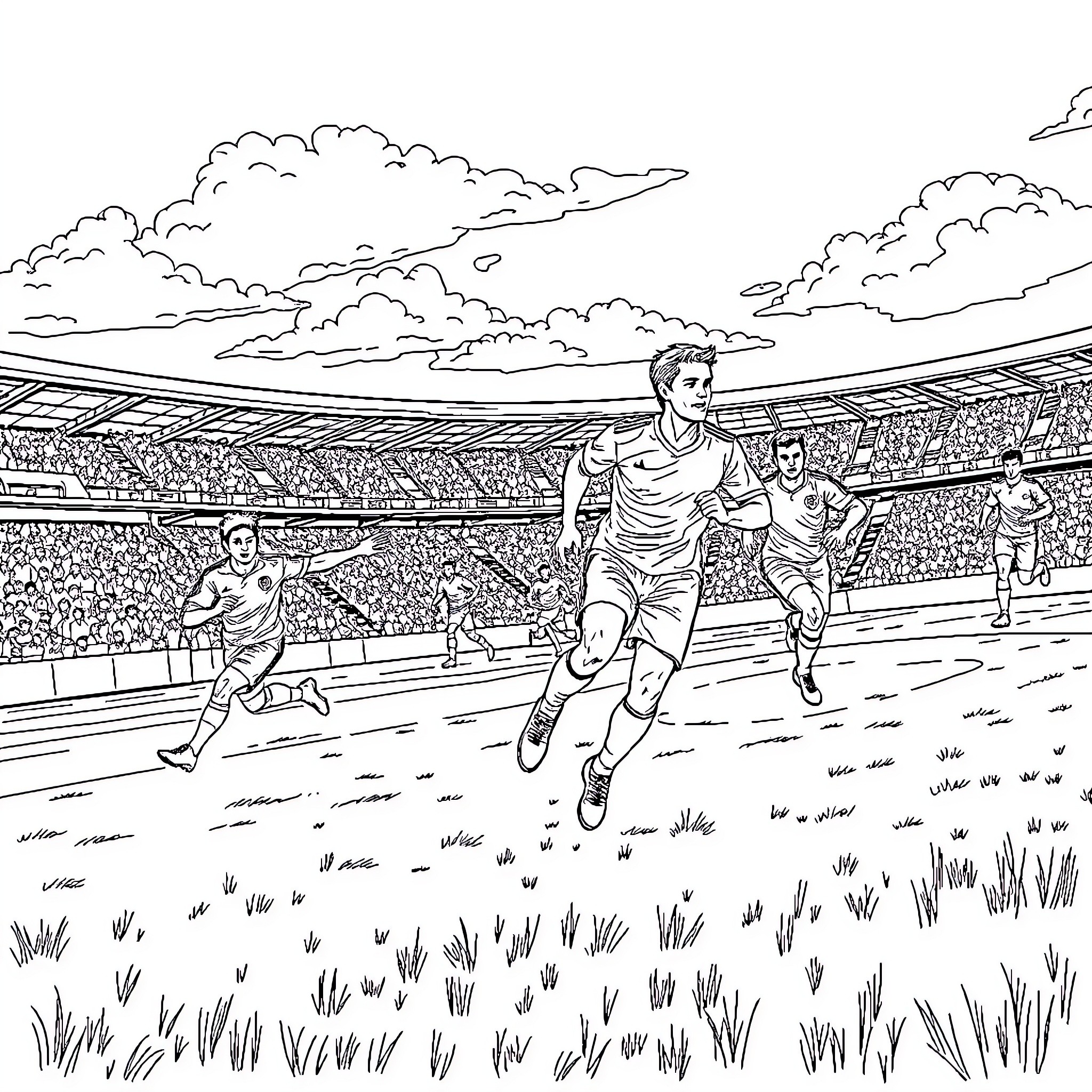 Football players competing on the field Coloring Page (free black-and-white line drawing printable PDF for all, from beginners to advanced learners, including children, teens, adults, and seniors)
