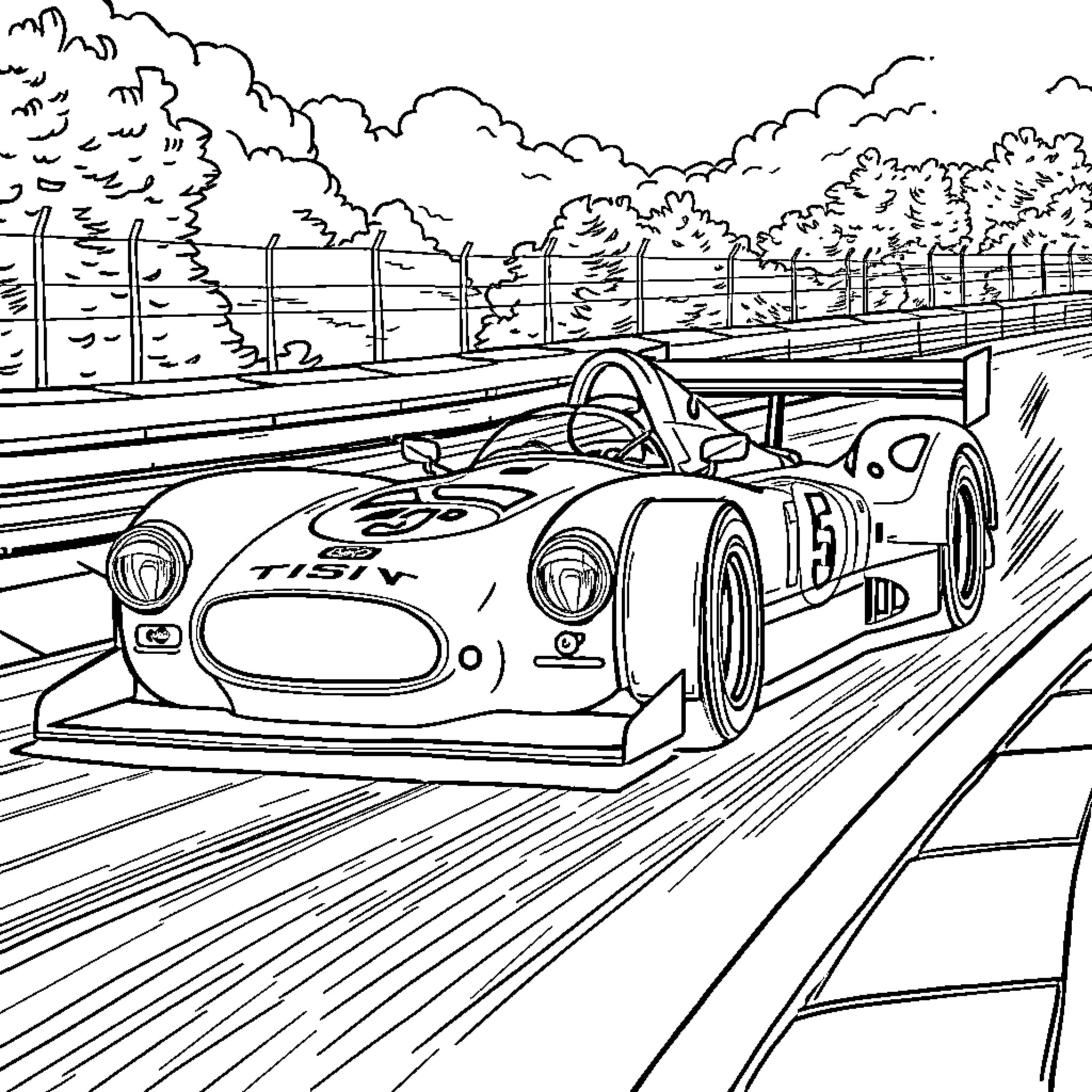 Race Car Speeding on Racetrack with Spectator Stands Coloring Page (free black-and-white line drawing printable PDF for all, from beginners to advanced learners, including children, teens, adults, and seniors)