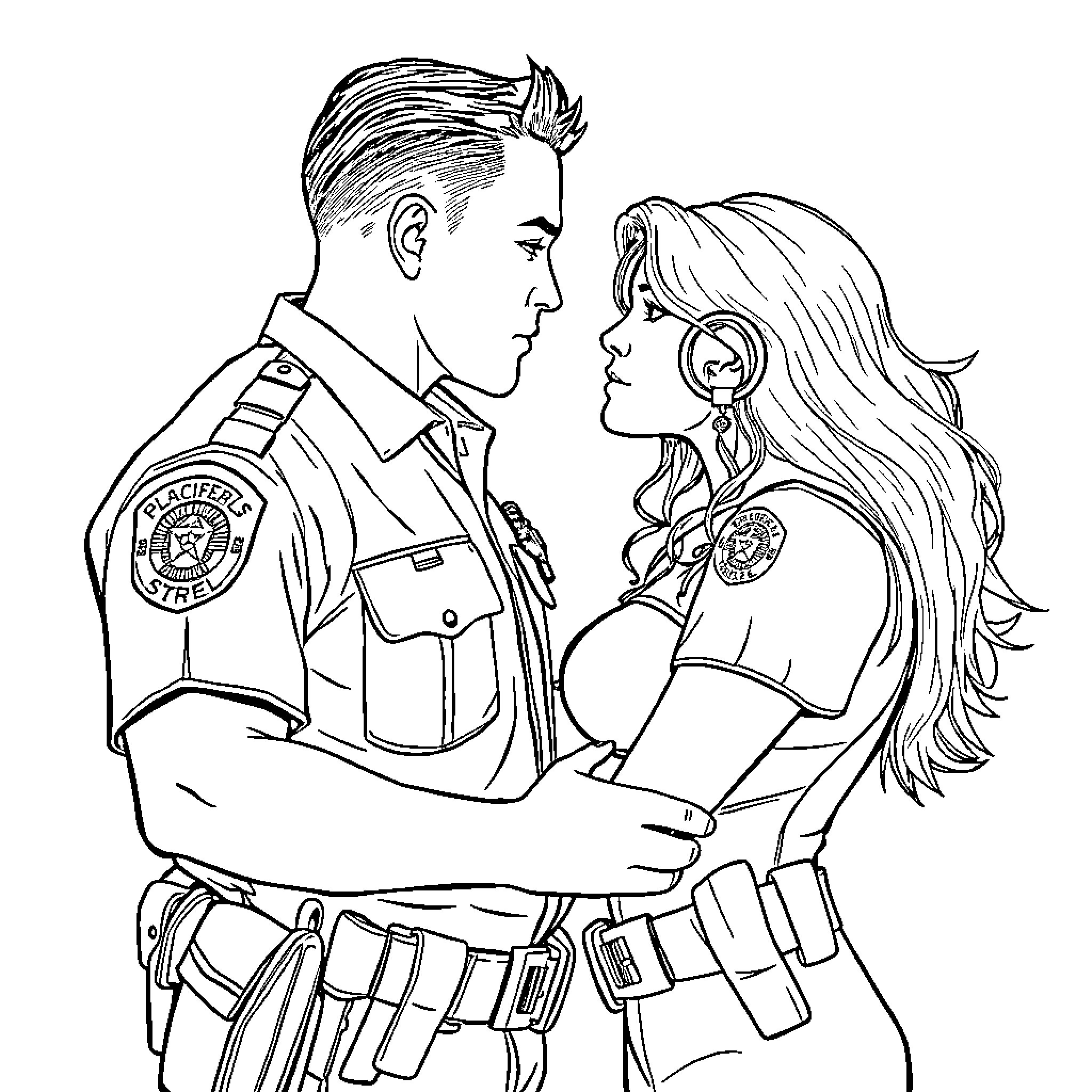 CBP Agents Engaged in Intimate Conversation Coloring Page (free black-and-white line drawing printable PDF for all, from beginners to advanced learners, including children, teens, adults, and seniors)