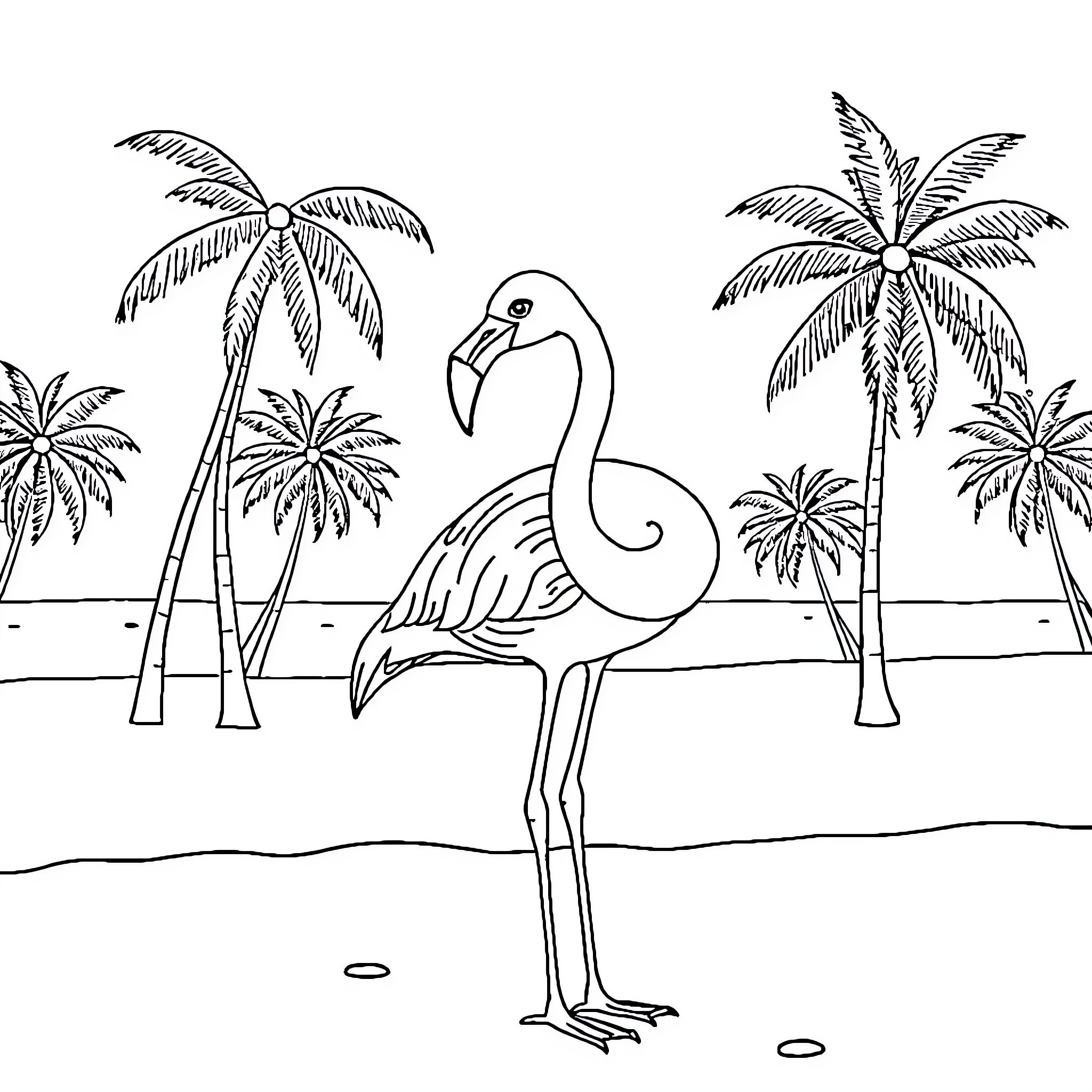 Flamingo enjoying tropical beach scenery Coloring Page (free black-and-white line drawing printable PDF for all, from beginners to advanced learners, including children, teens, adults, and seniors)