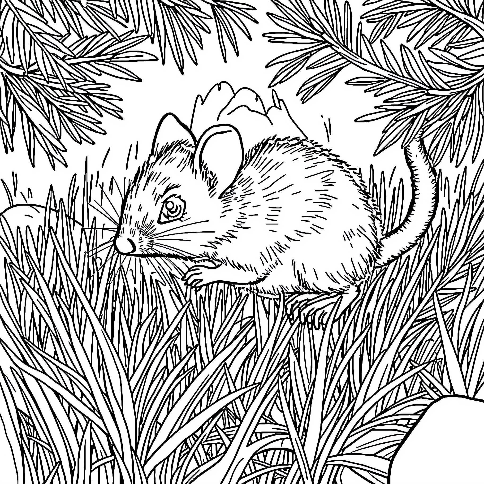 Mouse hiding in the forest undergrowth Coloring Page (free black-and-white line drawing printable PDF for all, from beginners to advanced learners, including children, teens, adults, and seniors)