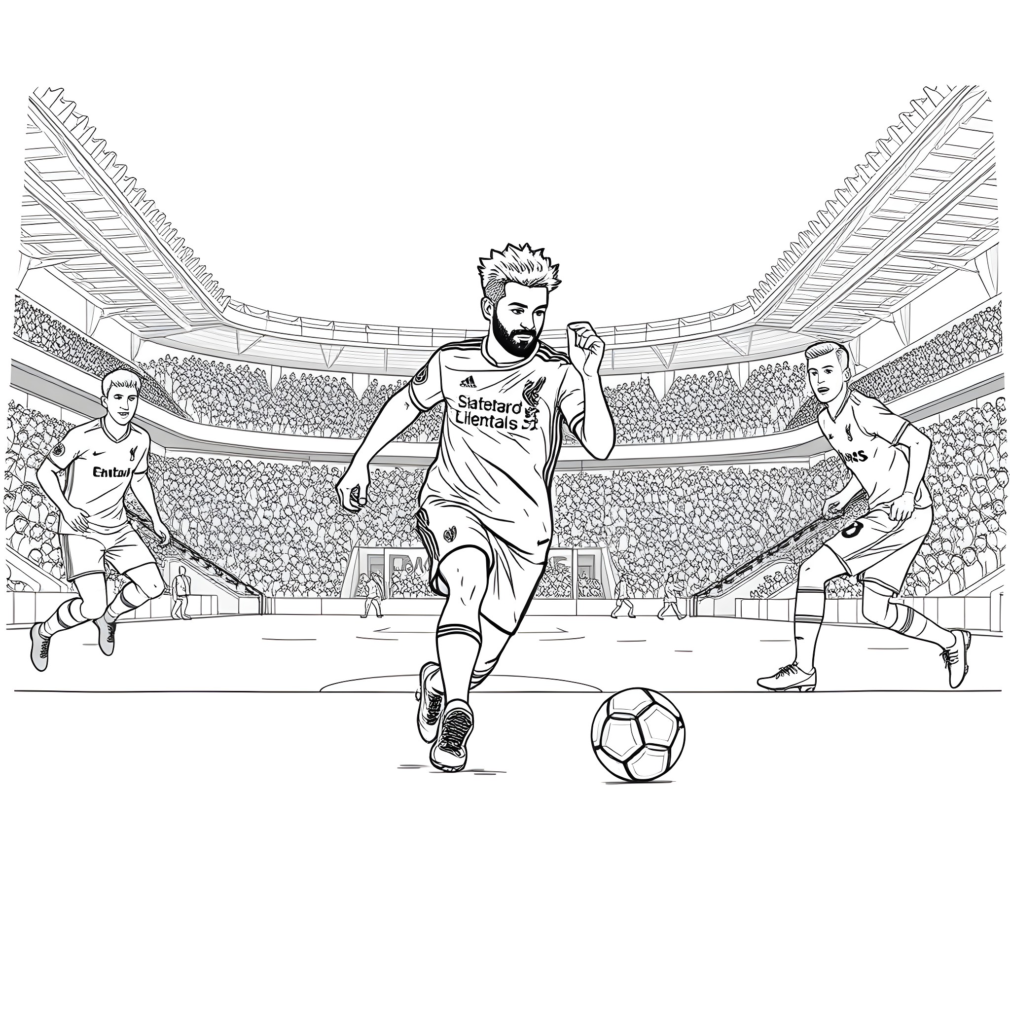Mo Salah leading attack in a soccer match Coloring Page (free black-and-white line drawing printable PDF for all, from beginners to advanced learners, including children, teens, adults, and seniors)
