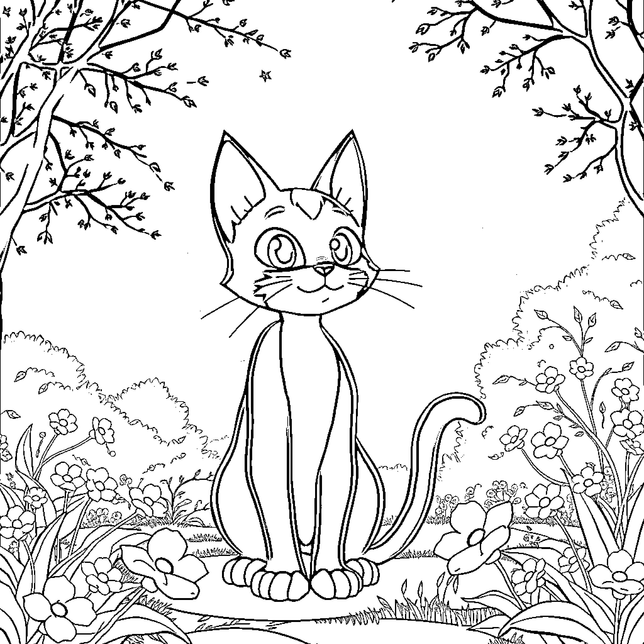 Cat Noir in Whimsical Forest Scene Coloring Page (free black-and-white line drawing printable PDF for all, from beginners to advanced learners, including children, teens, adults, and seniors)