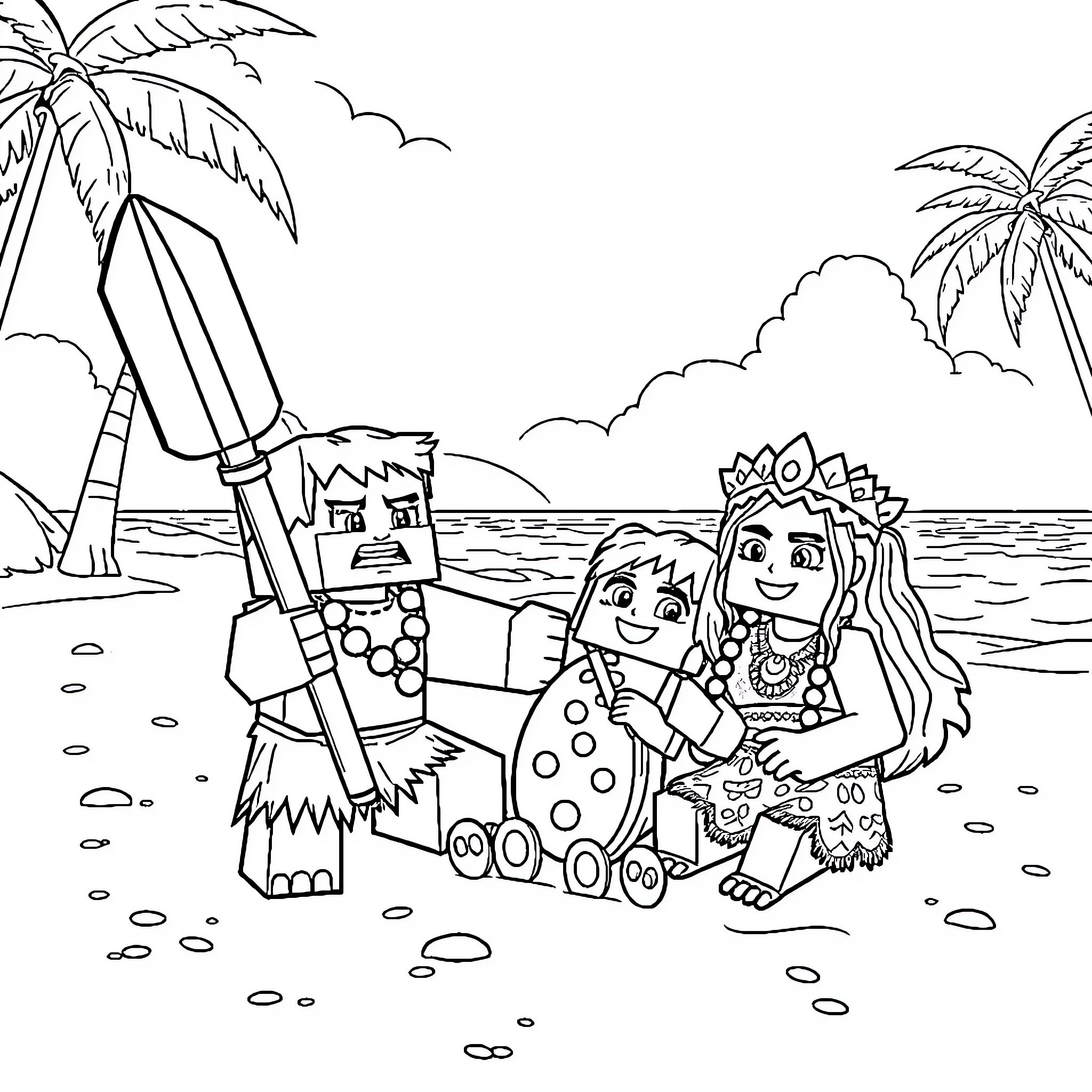 Minecraft Characters on a Beach Holiday Coloring Page (free black-and-white line drawing printable PDF for all, from beginners to advanced learners, including children, teens, adults, and seniors)