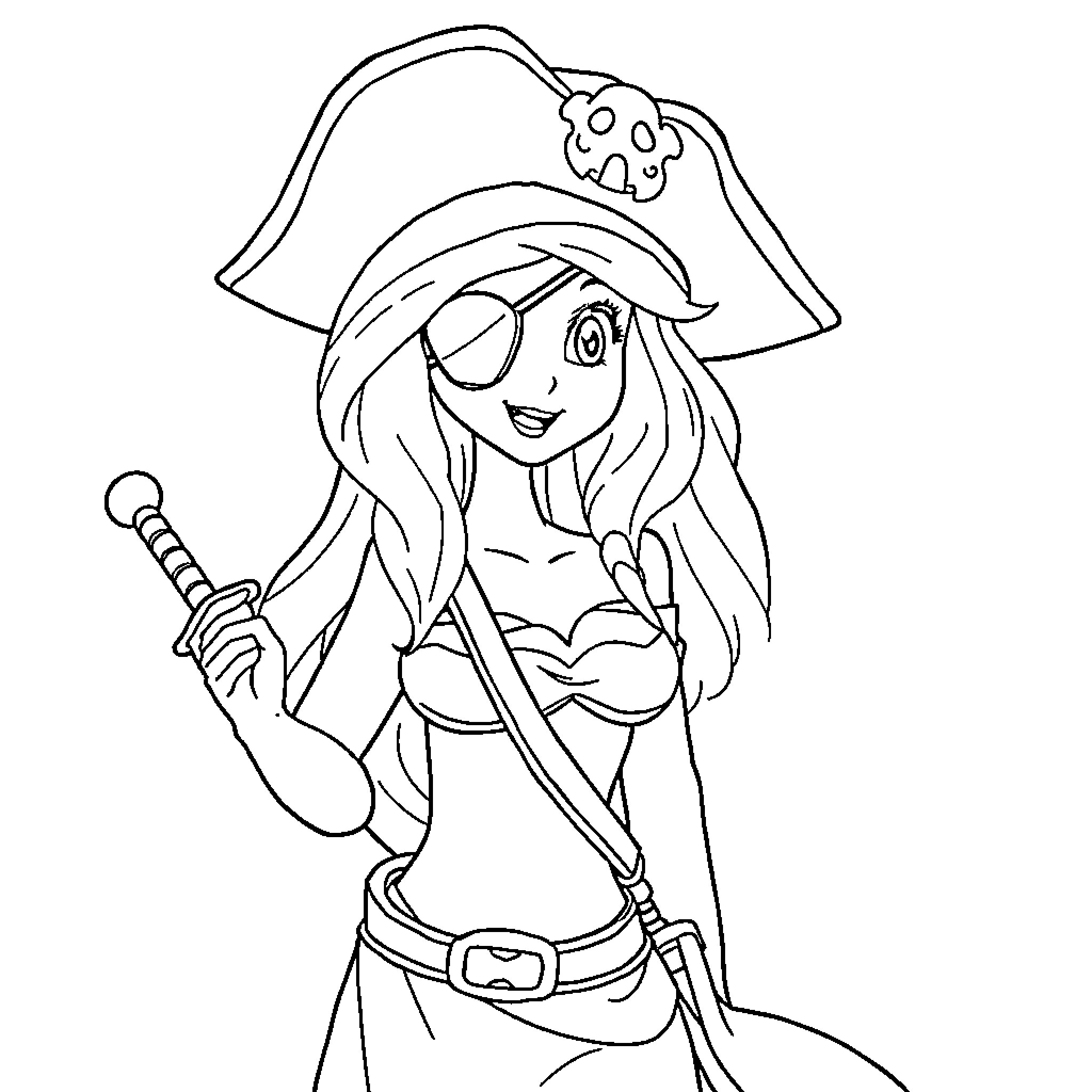 Ariel the Pirate Princess with Sword and Hat Coloring Page (free black-and-white line drawing printable PDF for all, from beginners to advanced learners, including children, teens, adults, and seniors)