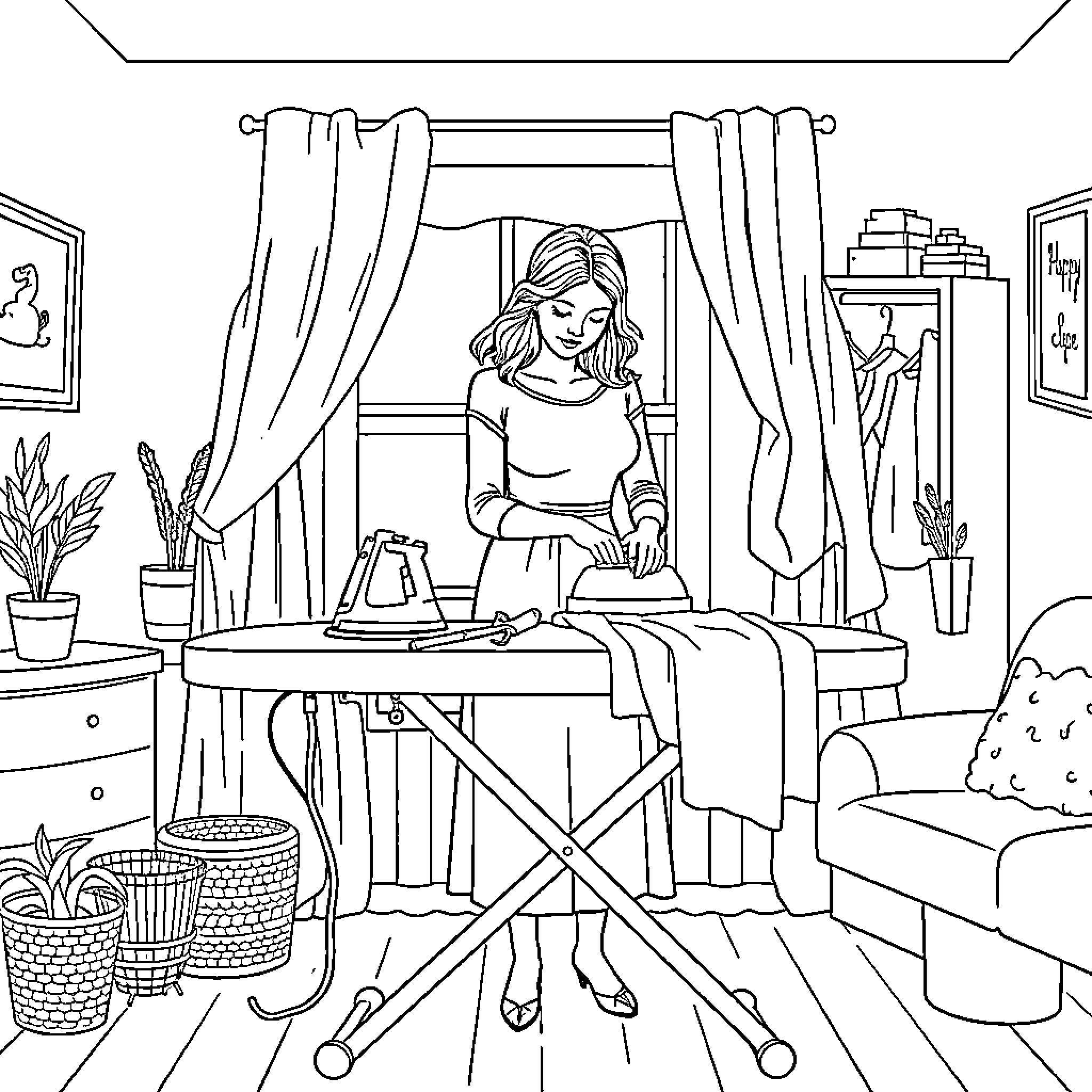 Woman ironing clothes in her home Coloring Page (free black-and-white line drawing printable PDF for all, from beginners to advanced learners, including children, teens, adults, and seniors)