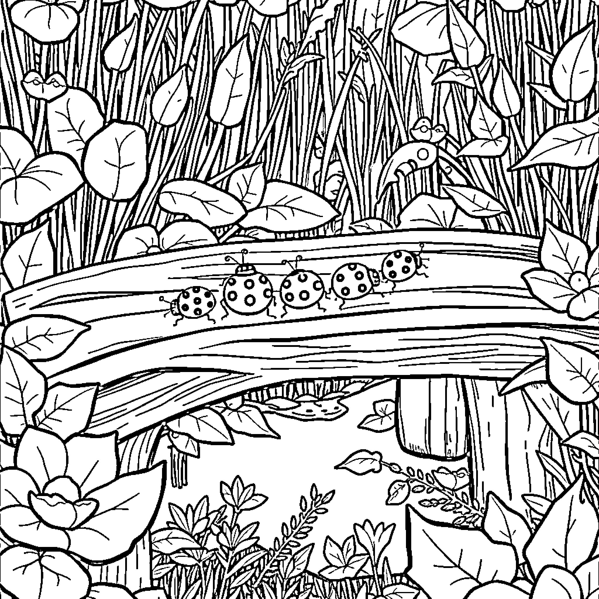 Ladybug exploring a lush natural habitat Coloring Page (free black-and-white line drawing printable PDF for all, from beginners to advanced learners, including children, teens, adults, and seniors)
