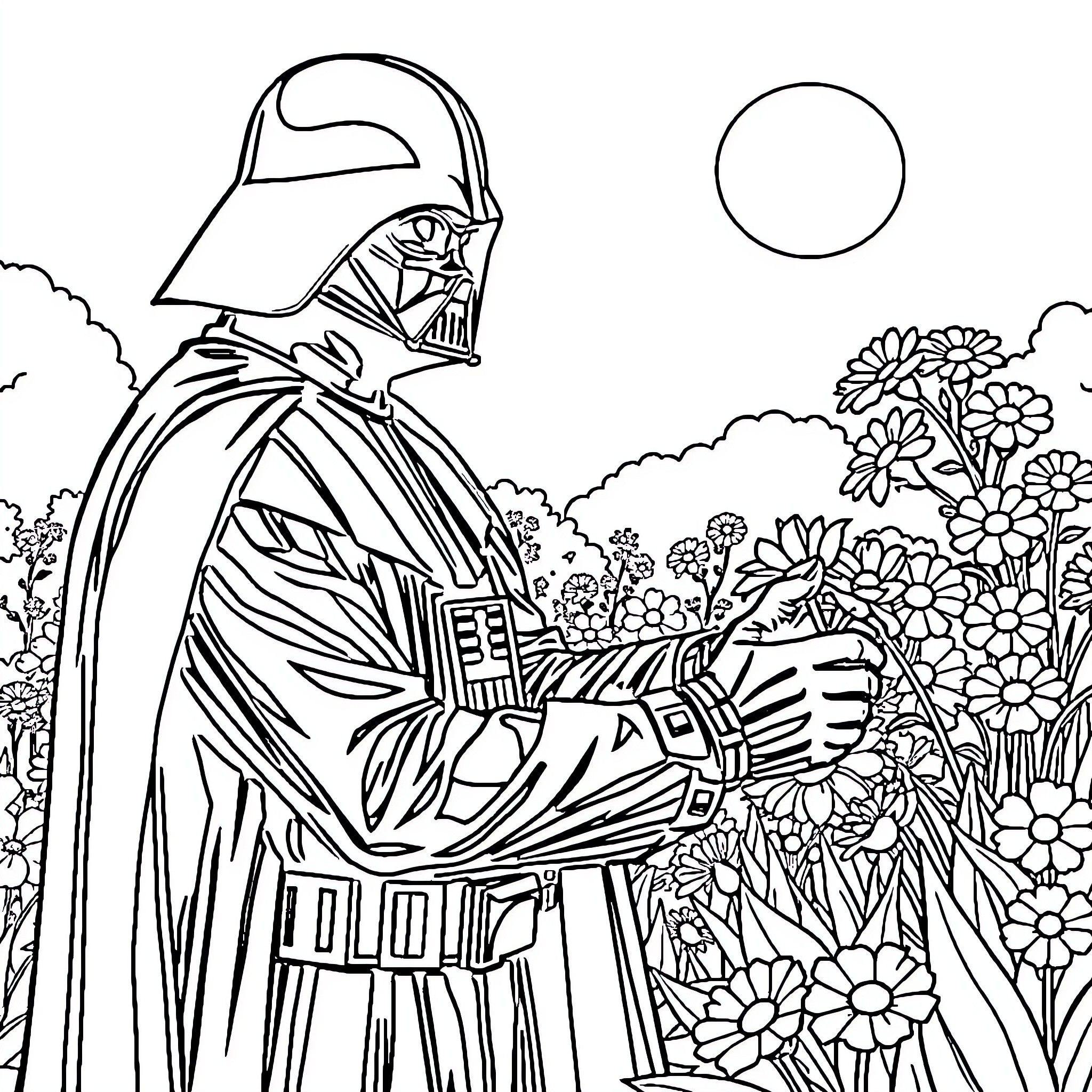 Darth Vader in a serene garden setting Coloring Page (free black-and-white line drawing printable PDF for all, from beginners to advanced learners, including children, teens, adults, and seniors)