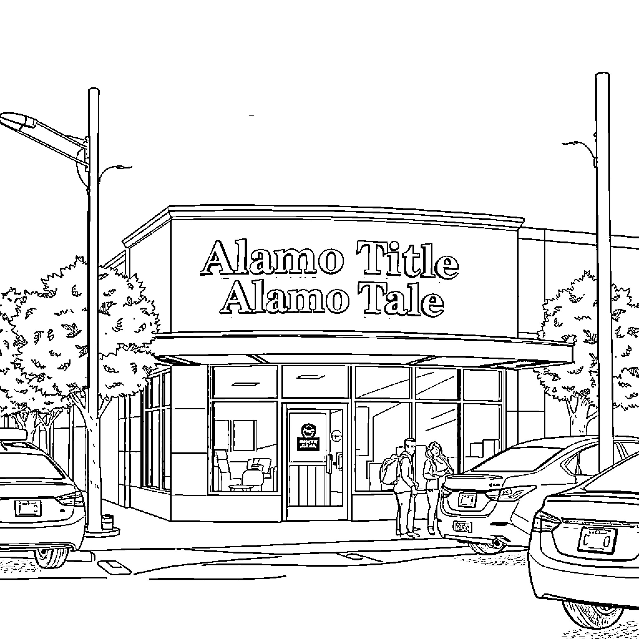 Magnolia Storefront with Alamo Title Coloring Page (free black-and-white line drawing printable PDF for all, from beginners to advanced learners, including children, teens, adults, and seniors)