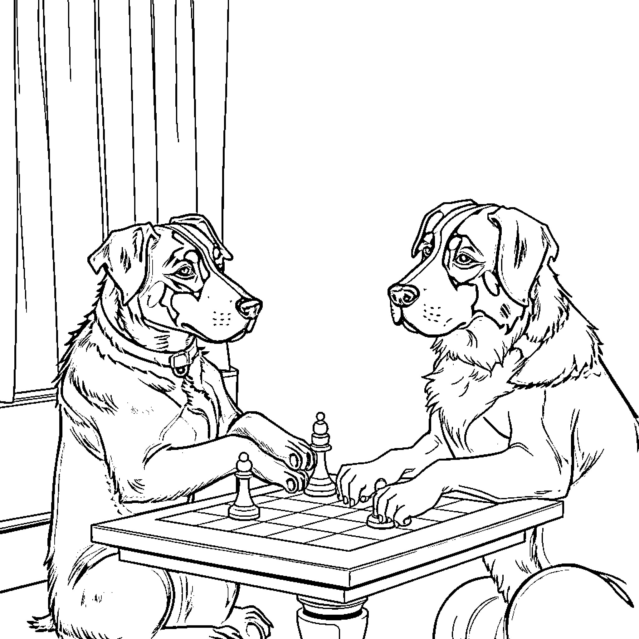 Dogs playing chess together Coloring Page (free black-and-white line drawing printable PDF for all, from beginners to advanced learners, including children, teens, adults, and seniors)