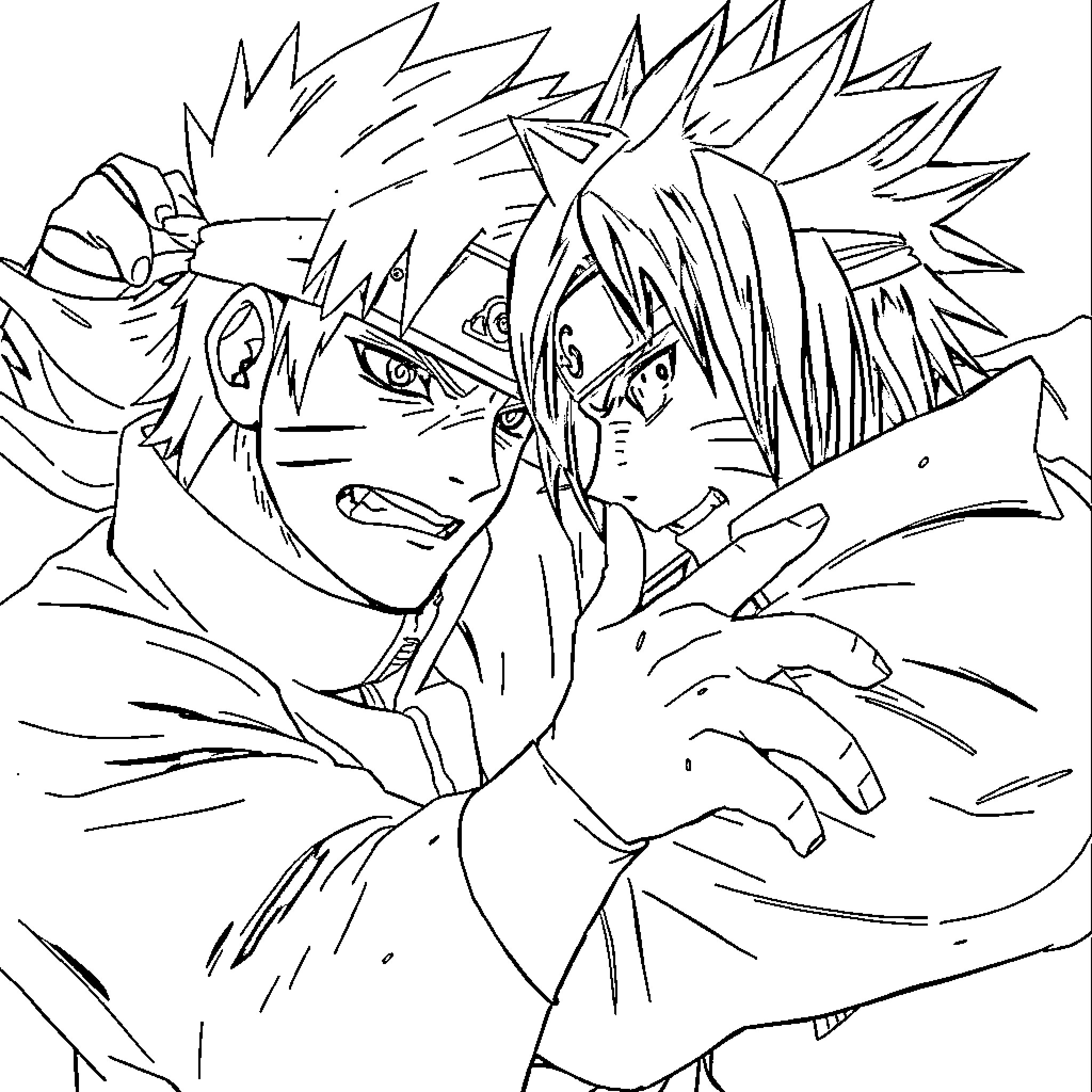 Sasuke and Naruto engaged in fierce battle Coloring Page (free black-and-white line drawing printable PDF for all, from beginners to advanced learners, including children, teens, adults, and seniors)