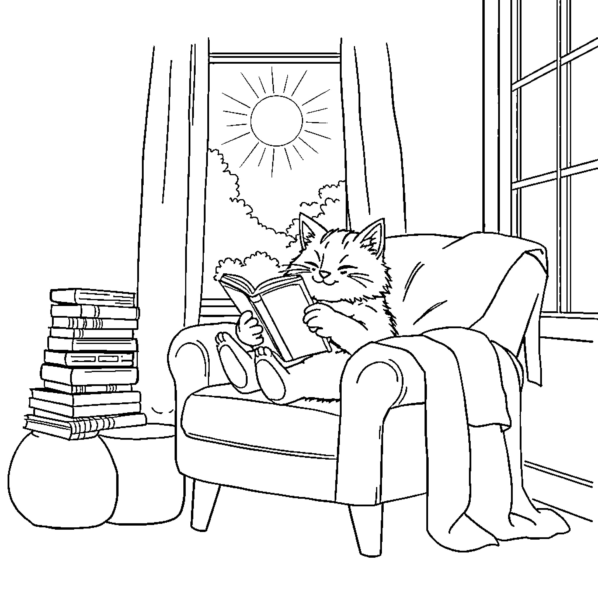 Cat relaxing and reading book by sunny window Coloring Page (free black-and-white line drawing printable PDF for all, from beginners to advanced learners, including children, teens, adults, and seniors)