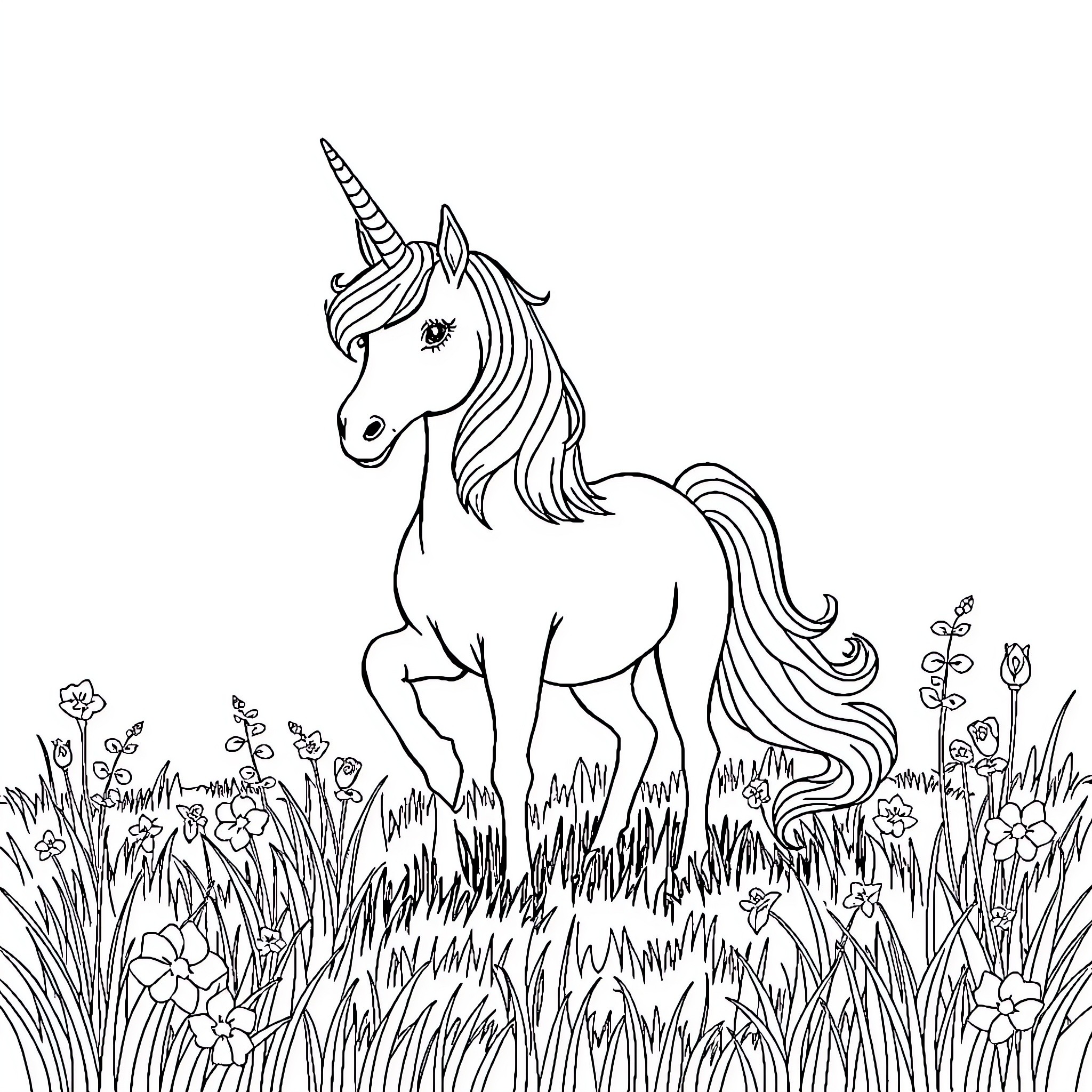 Unicorn standing majestically in a floral meadow Coloring Page (free black-and-white line drawing printable PDF for all, from beginners to advanced learners, including children, teens, adults, and seniors)