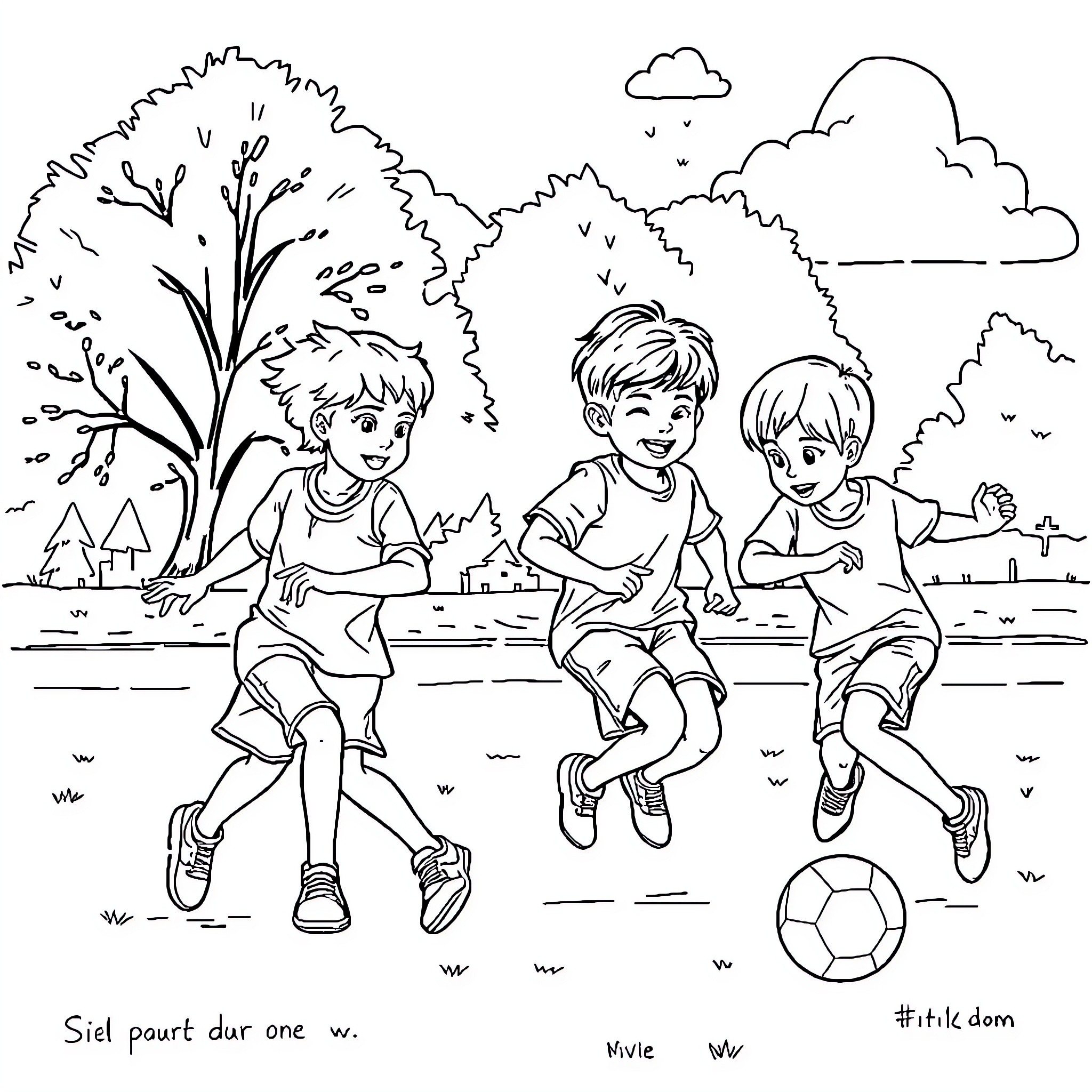 Children playing outdoors on a sunny day Coloring Page (free black-and-white line drawing printable PDF for all, from beginners to advanced learners, including children, teens, adults, and seniors)