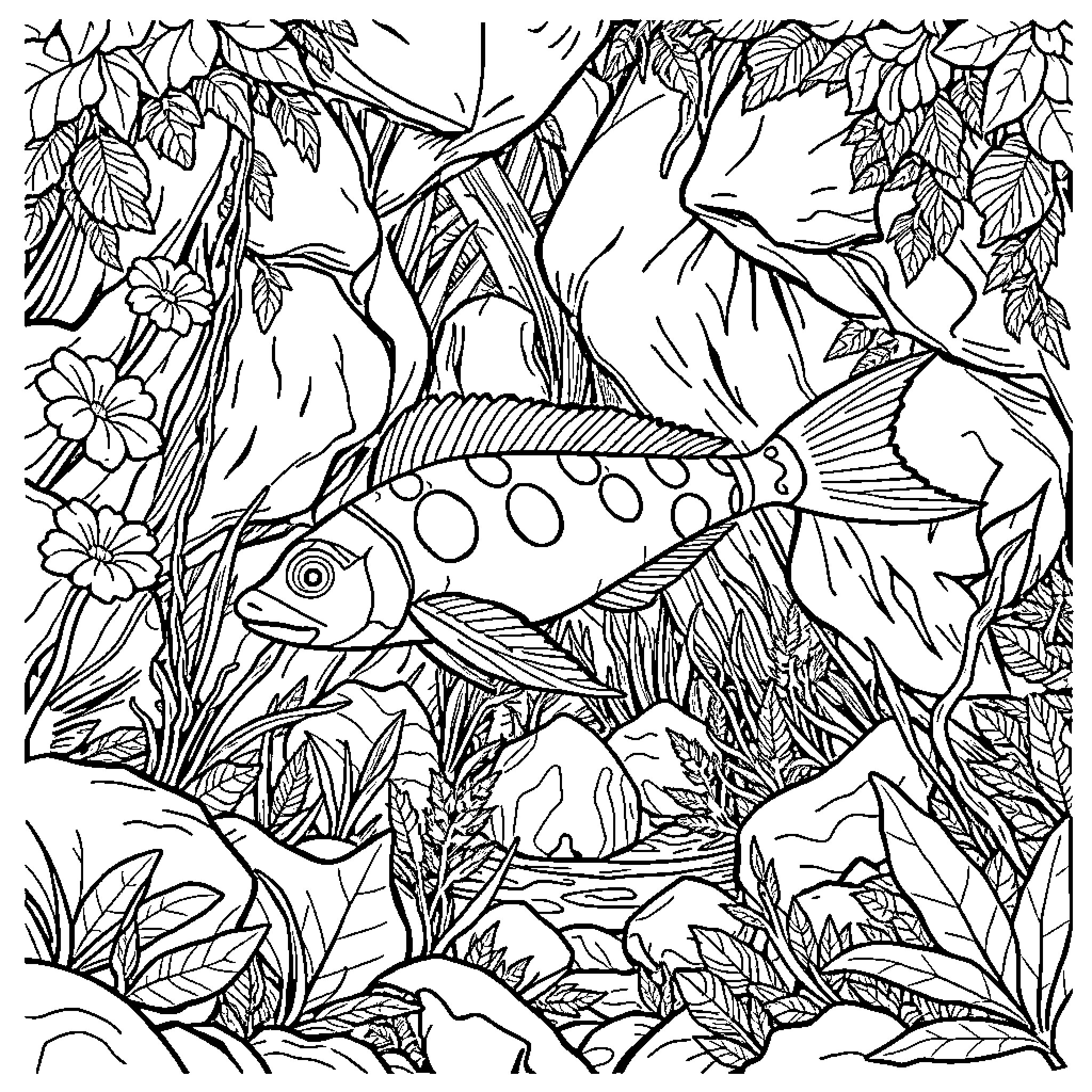 Axolotl swimming among lush foliage Coloring Page (free black-and-white line drawing printable PDF for all, from beginners to advanced learners, including children, teens, adults, and seniors)