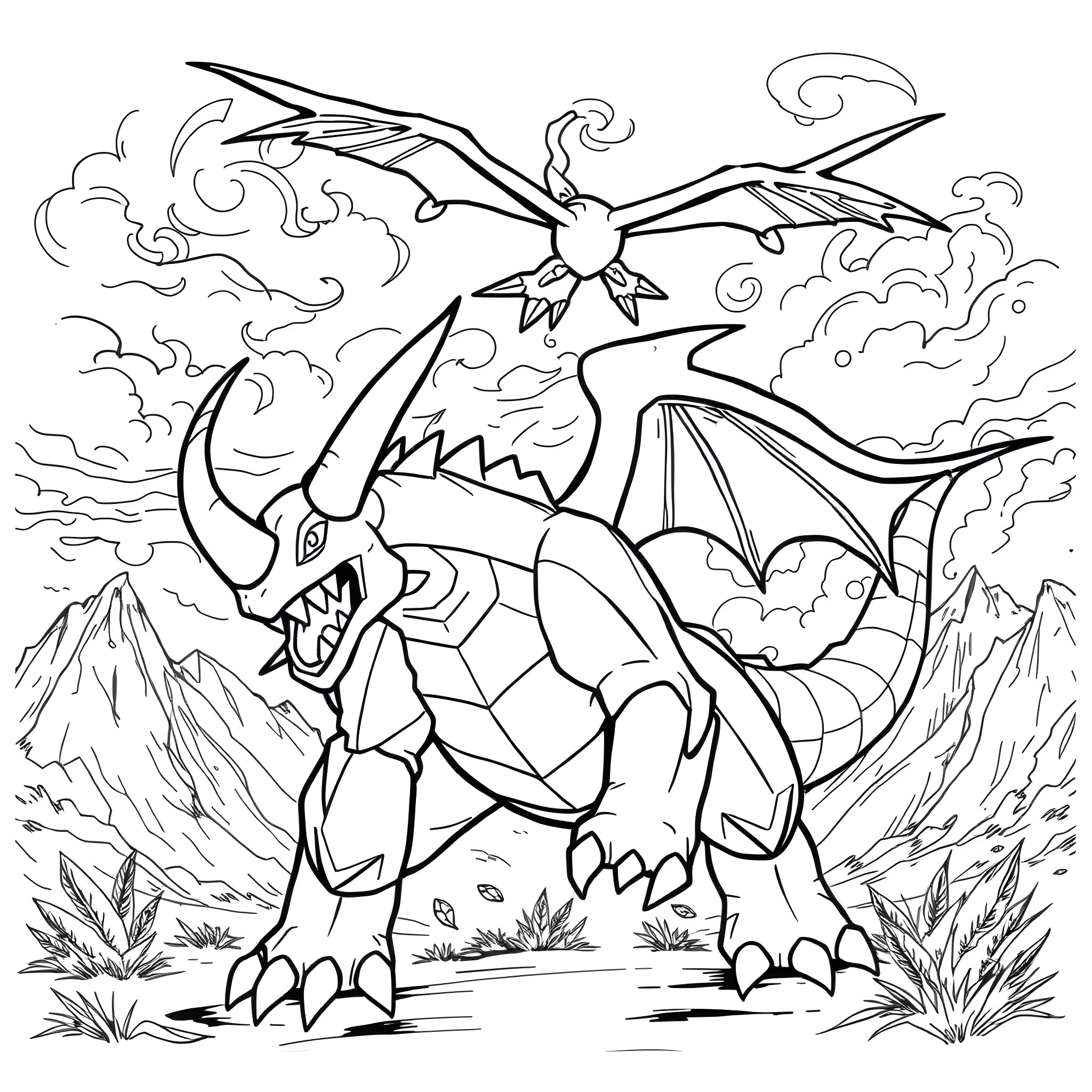 Heracross battling in a thunderous landscape Coloring Page (free black-and-white line drawing printable PDF for all, from beginners to advanced learners, including children, teens, adults, and seniors)