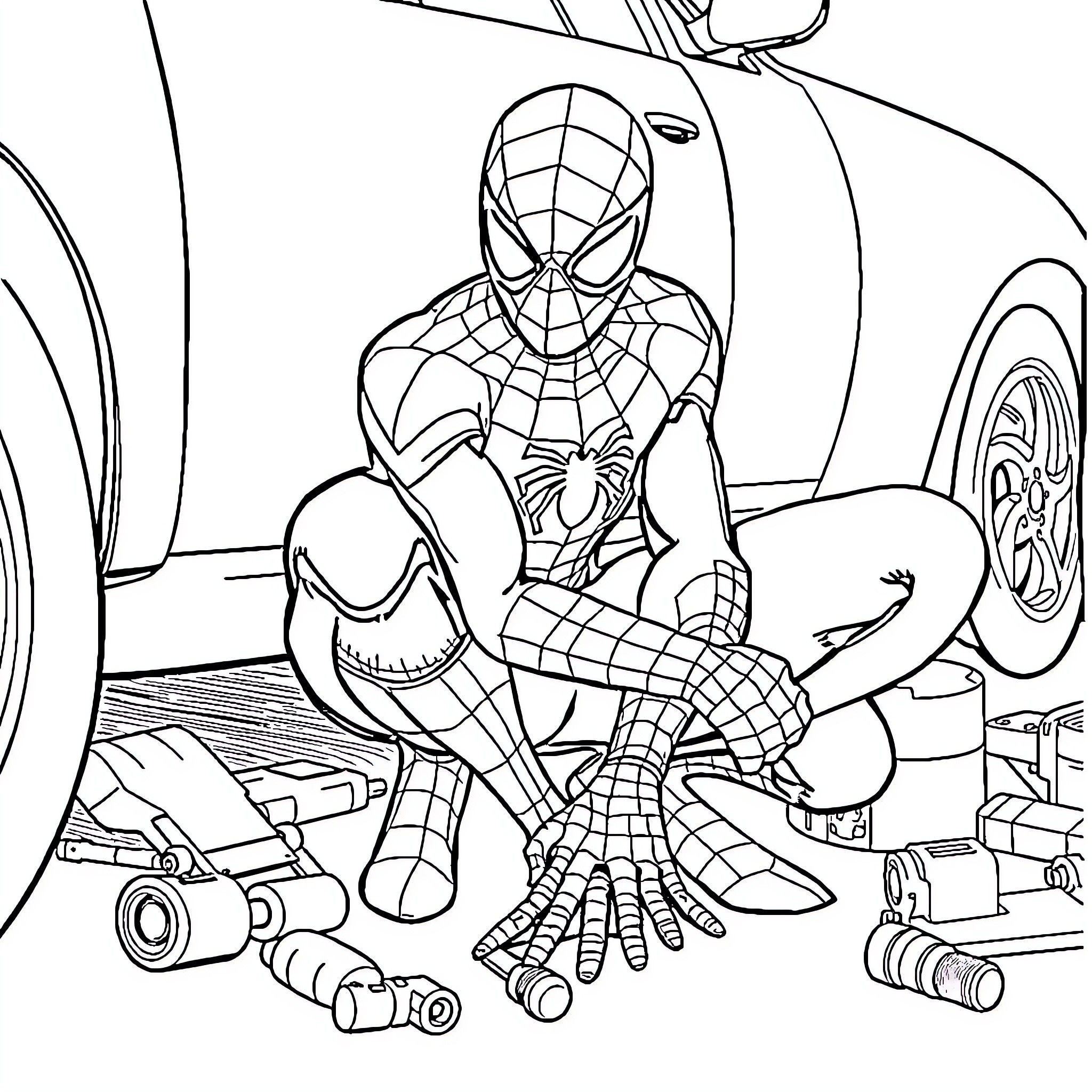 Spider-Man fixing car in the garage Coloring Page (free black-and-white line drawing printable PDF for all, from beginners to advanced learners, including children, teens, adults, and seniors)