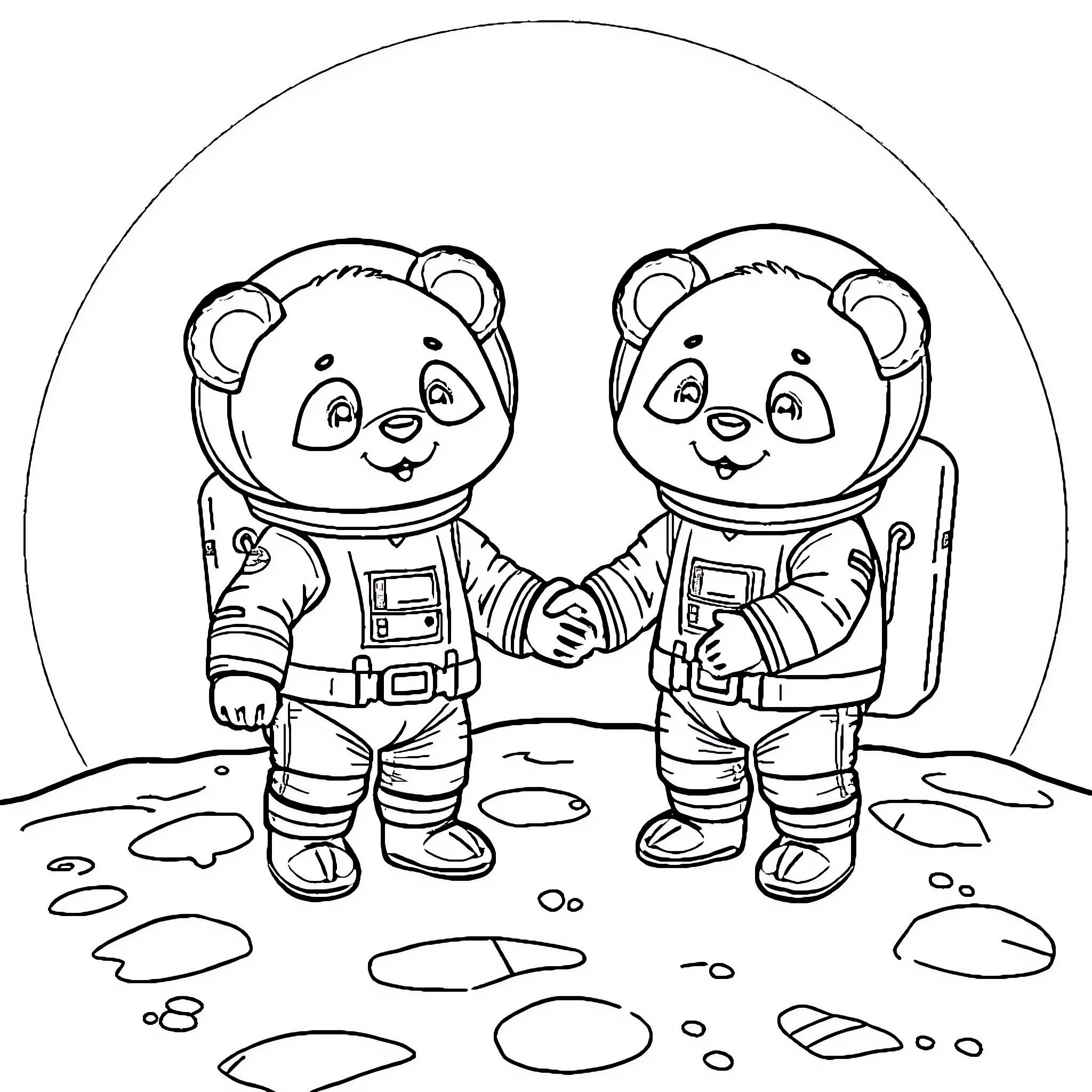 Panda astronauts exploring the lunar surface Coloring Page (free black-and-white line drawing printable PDF for all, from beginners to advanced learners, including children, teens, adults, and seniors)