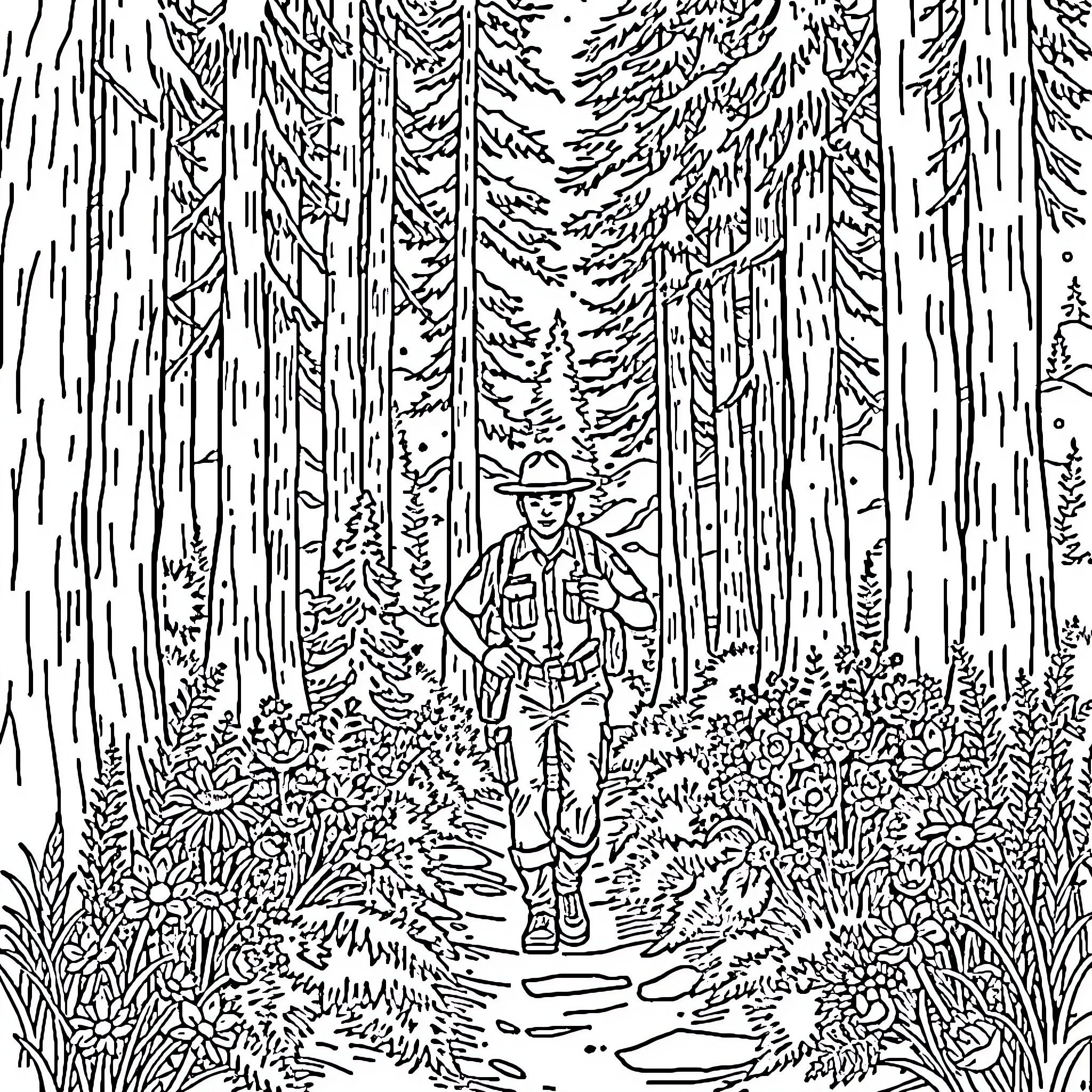 Park Ranger Patrolling the Forested Trail Coloring Page (free black-and-white line drawing printable PDF for all, from beginners to advanced learners, including children, teens, adults, and seniors)